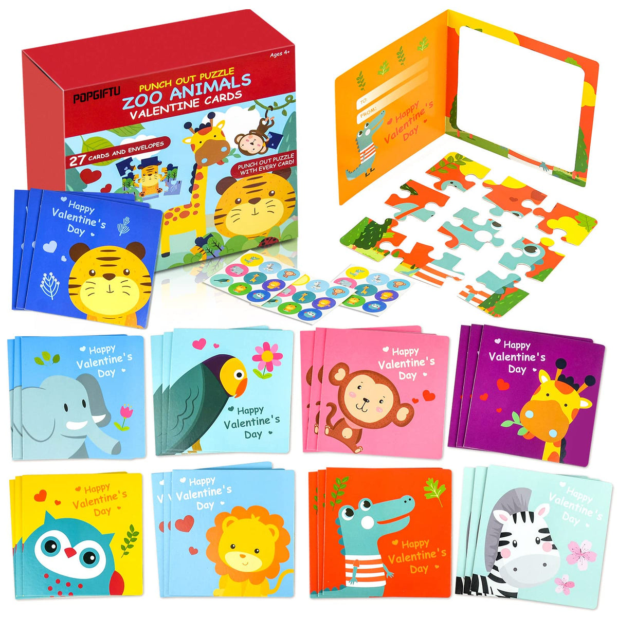 POPGIFTU Valentines Day Puzzle Cards for Kids — 27-Pack Animal Jigsaw Cards with Envelopes & Stickers