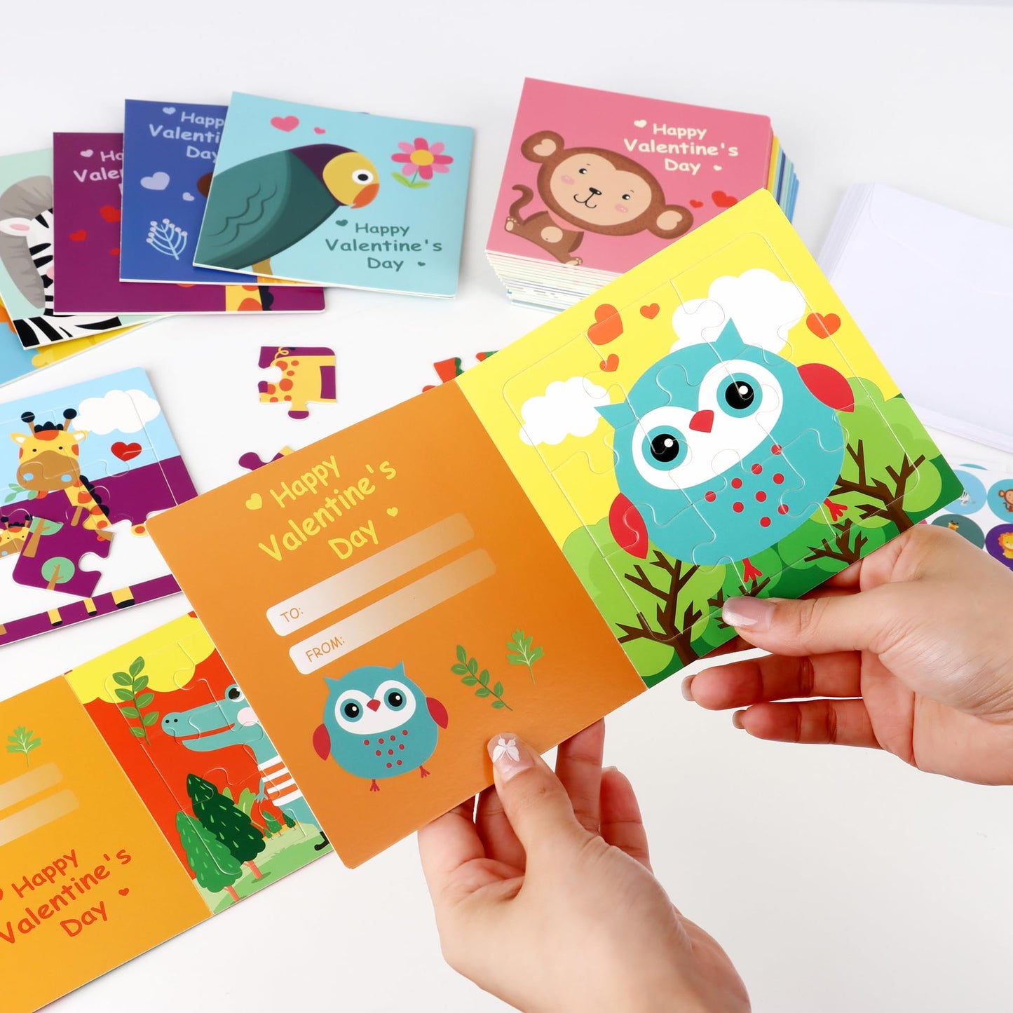 POPGIFTU Valentines Day Puzzle Cards for Kids — 27-Pack Animal Jigsaw Cards with Envelopes & Stickers