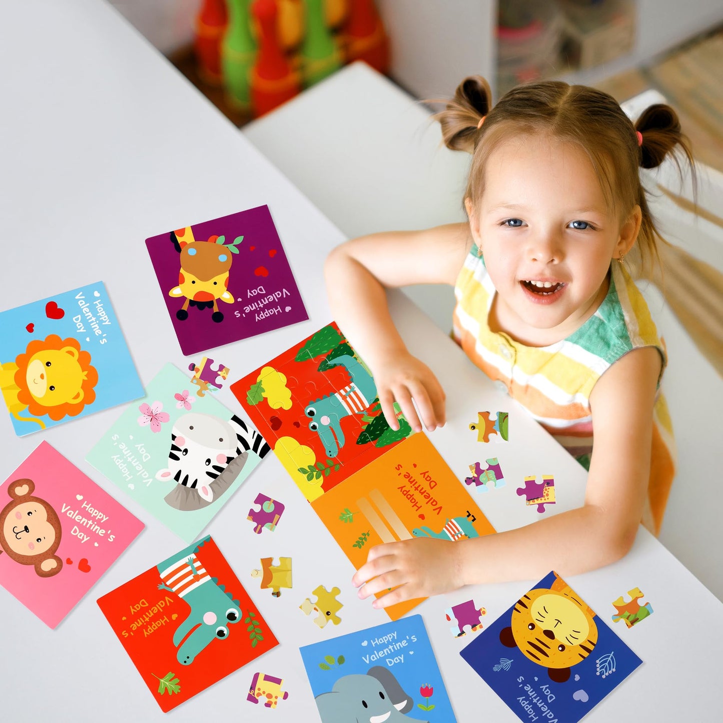 POPGIFTU Valentines Day Puzzle Cards for Kids — 27-Pack Animal Jigsaw Cards with Envelopes & Stickers