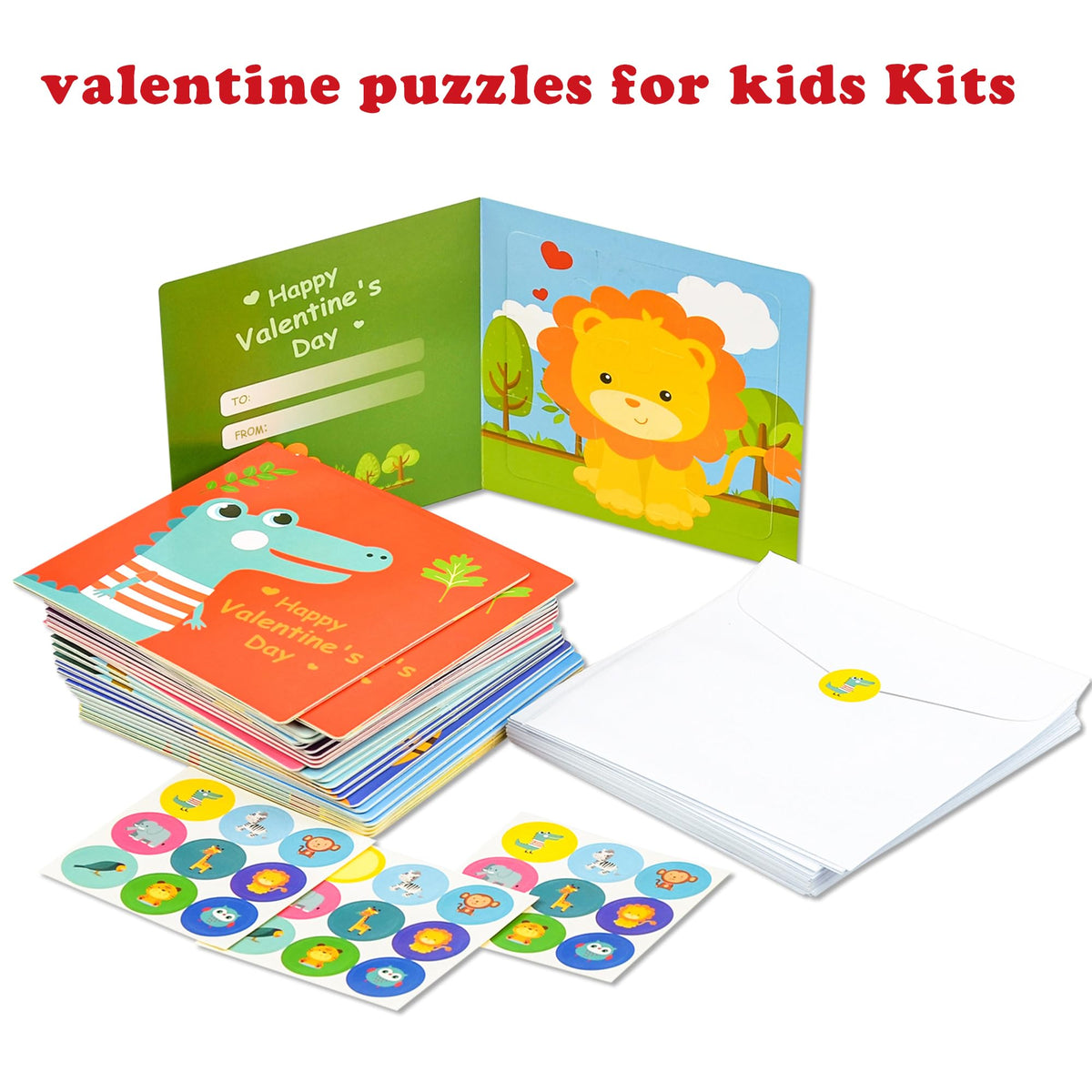 POPGIFTU Valentines Day Puzzle Cards for Kids — 27-Pack Animal Jigsaw Cards with Envelopes & Stickers
