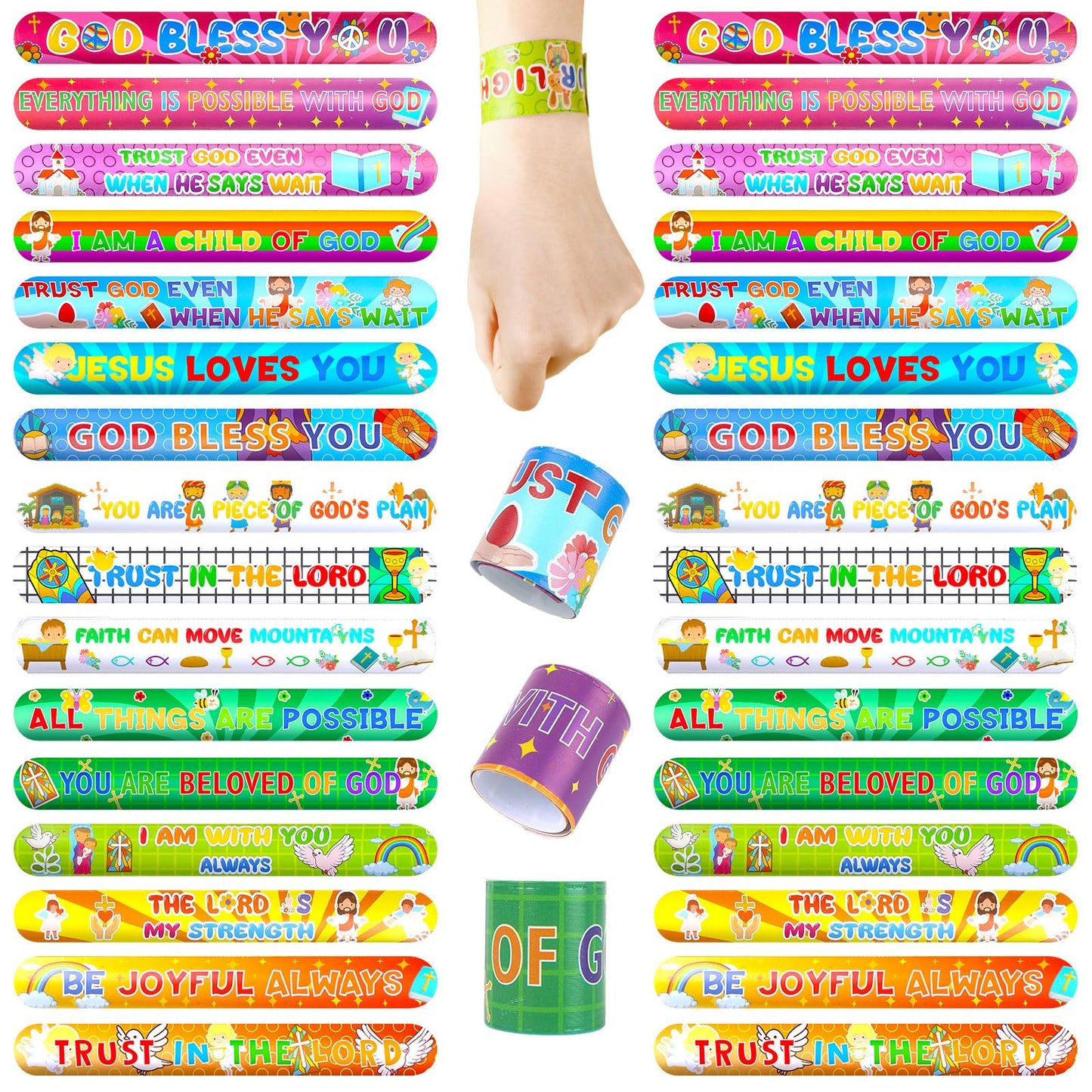 POPLAY 48PCS Christian Slap Bracelets – Bible Verse Snap Wristbands for Kids, Sunday School & Classroom Prizes