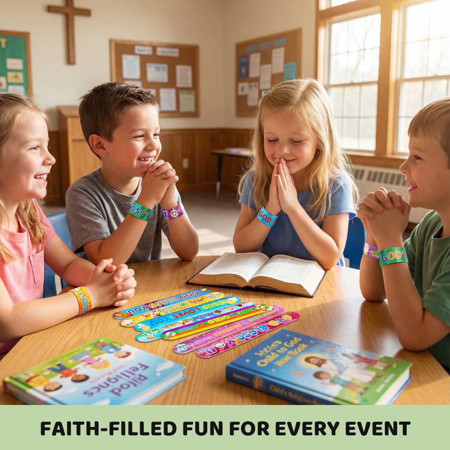 POPLAY 48PCS Christian Slap Bracelets – Bible Verse Snap Wristbands for Kids, Sunday School & Classroom Prizes