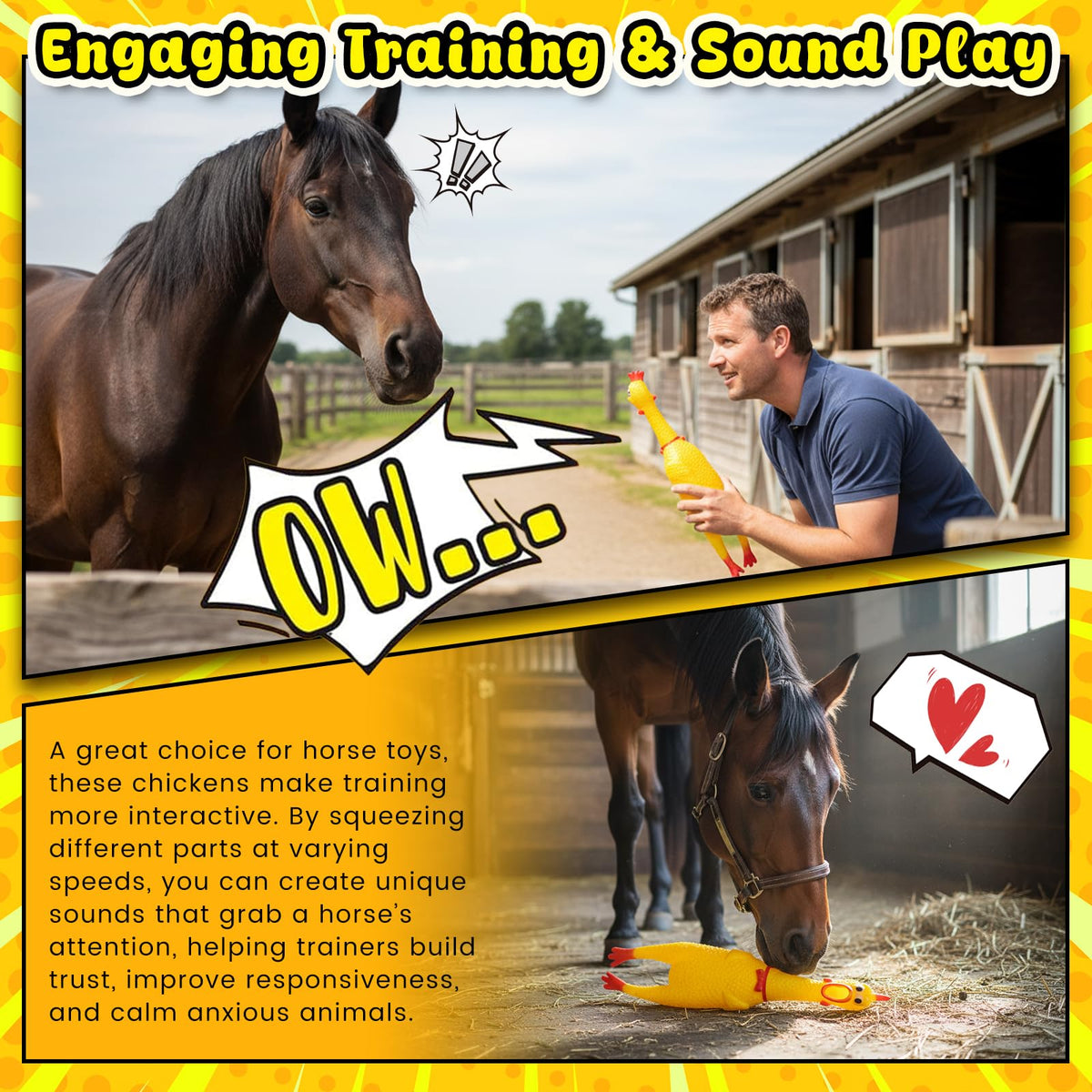 POPLAY 3-Piece Horse Toys Set: Squeaky Chickens & Training Ball for Horses and Pets