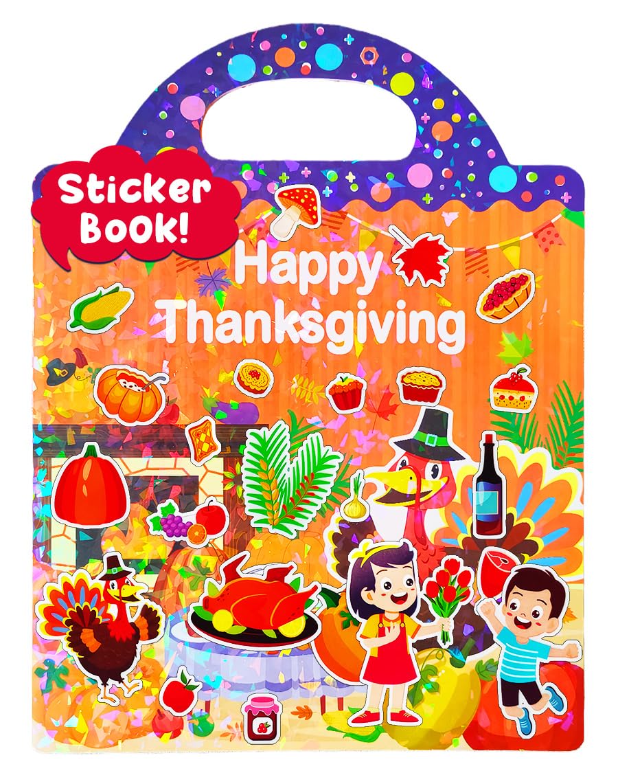 Popokeegoo Reusable Sticker Book for Kids – Thanksgiving Theme, Travel-Friendly, Waterproof 3D Stickers