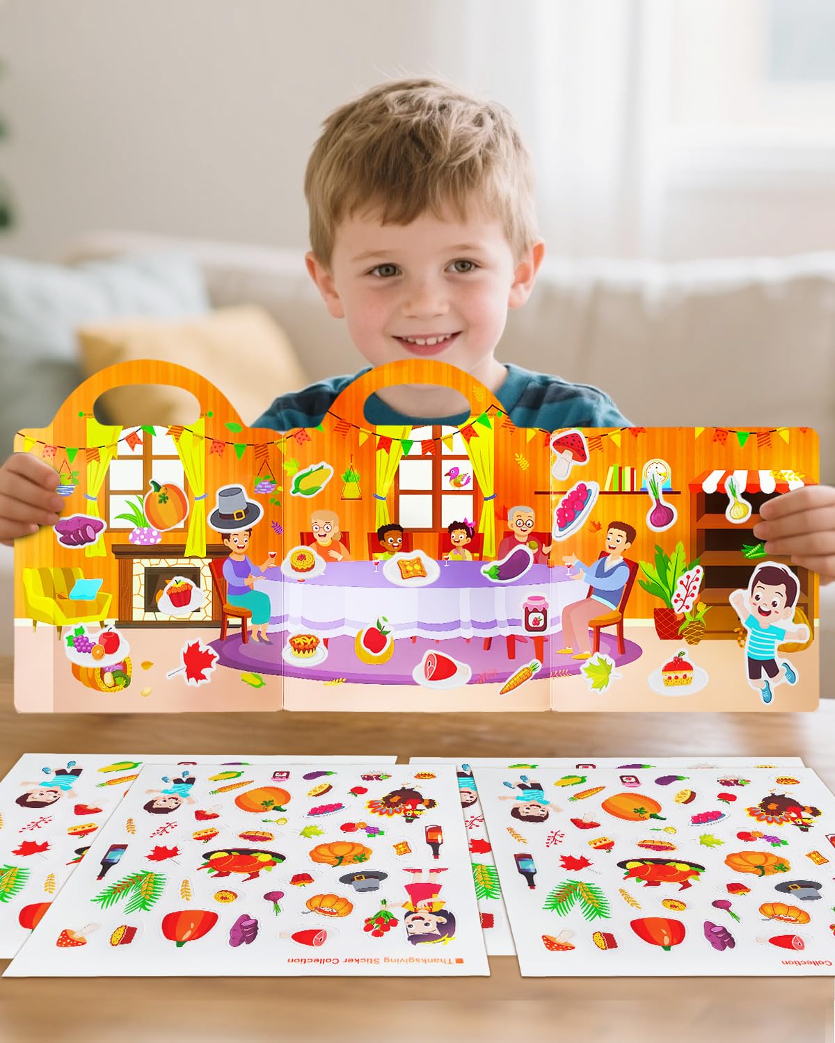Popokeegoo Reusable Sticker Book for Kids – Thanksgiving Theme, Travel-Friendly, Waterproof 3D Stickers