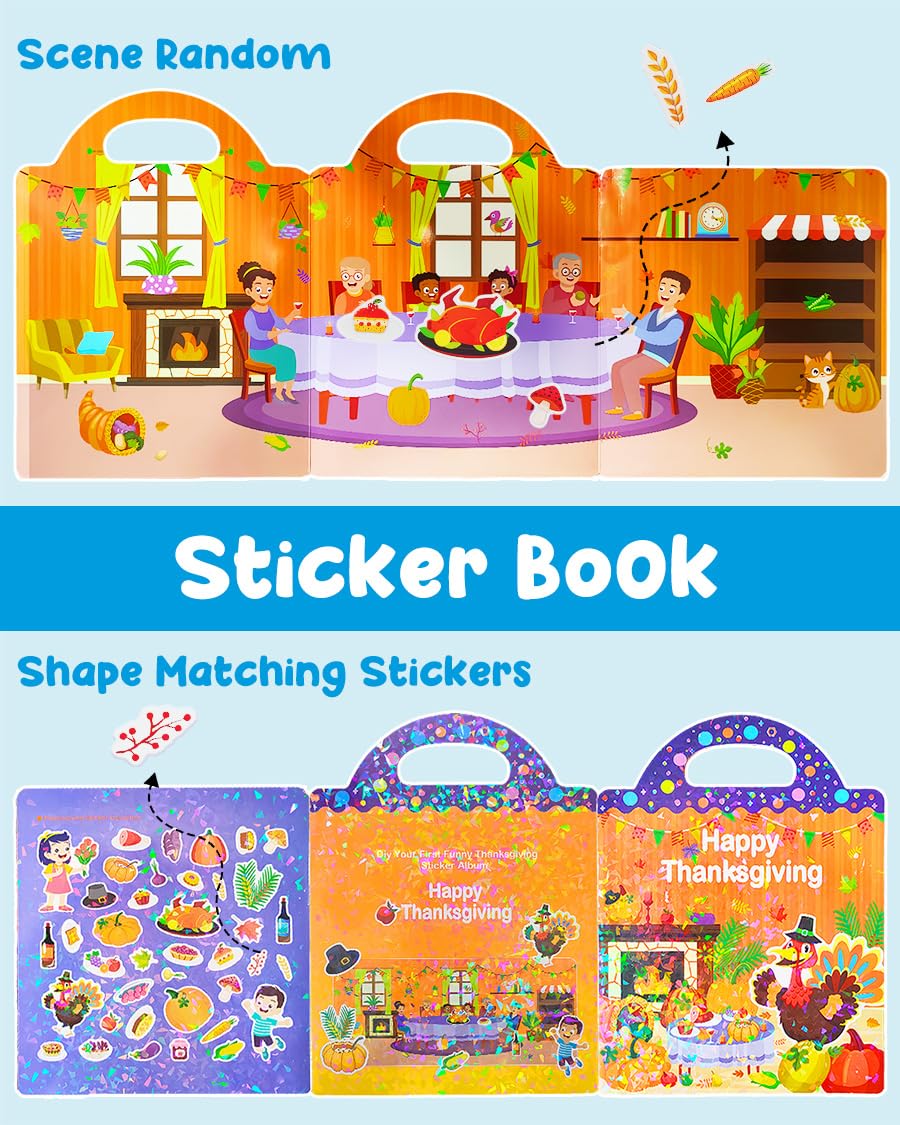 Popokeegoo Reusable Sticker Book for Kids – Thanksgiving Theme, Travel-Friendly, Waterproof 3D Stickers