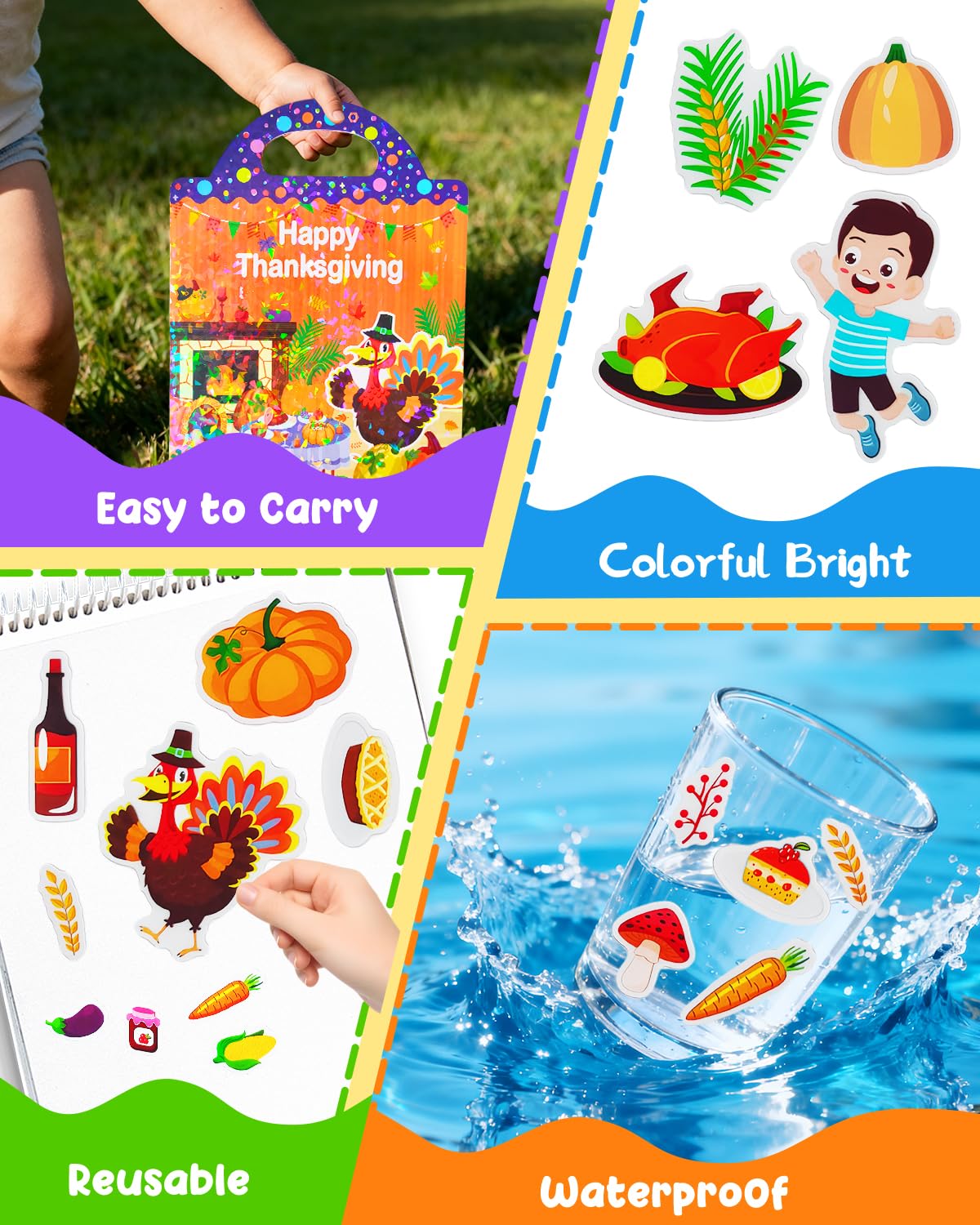 Popokeegoo Reusable Sticker Book for Kids – Thanksgiving Theme, Travel-Friendly, Waterproof 3D Stickers