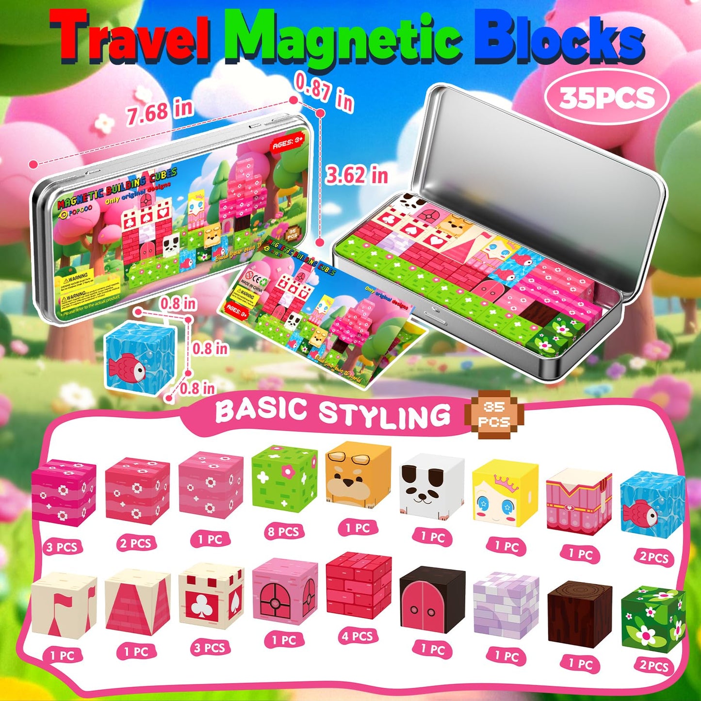 POPOOO Princess Magnetic Building Blocks Travel Toys — 35PCS STEM Magnet Cubes