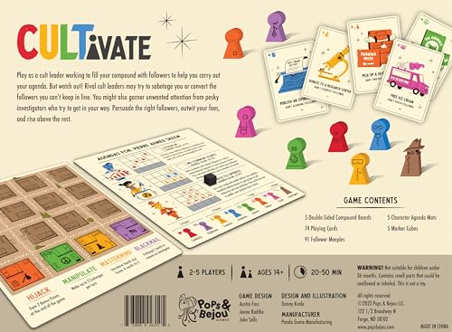 Cultivate Board Game | Award-Winning Satirical Cult Leaders | 2-5 Players | 14+ | 20–50 Min | Pops & Bejou Games
