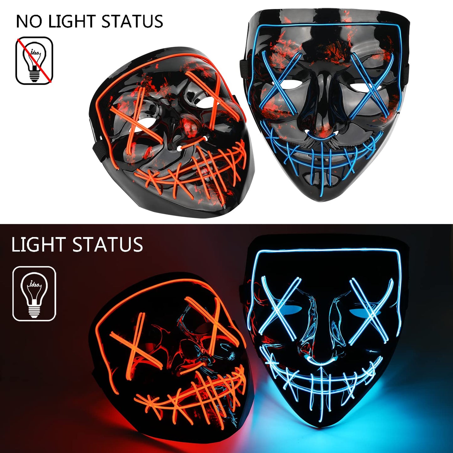 Poptrend LED Halloween Mask – Light Up Scary Mask for Festivals, Cosplay & Halloween (2 Pack)