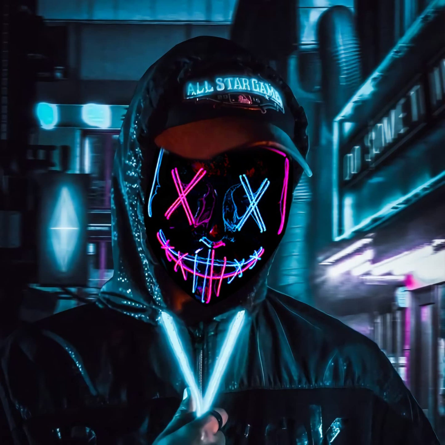 Poptrend LED Light-Up Mask – Scary Halloween Cosplay Mask (Pink & Ice Blue)