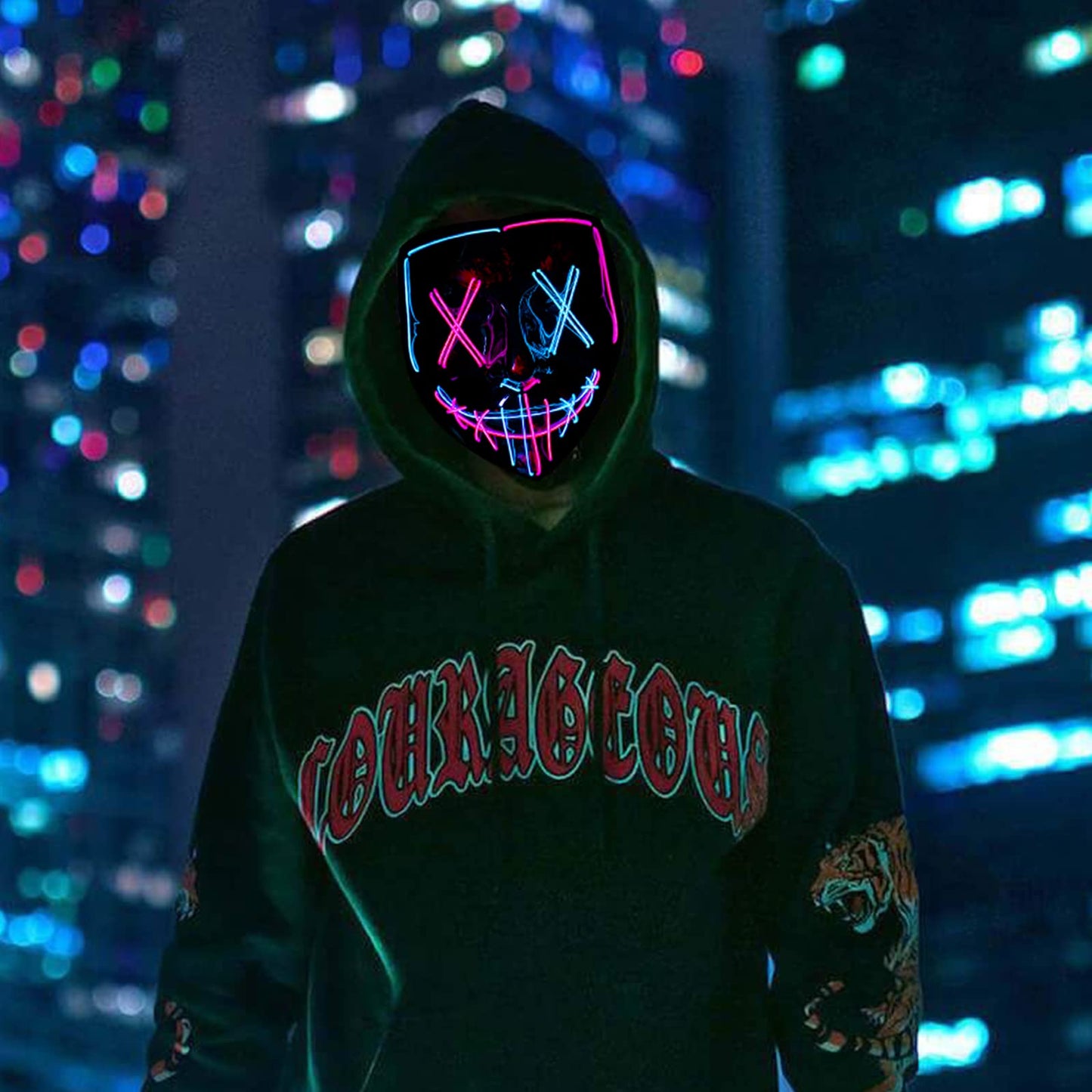 Poptrend LED Light-Up Mask – Scary Halloween Cosplay Mask (Pink & Ice Blue)