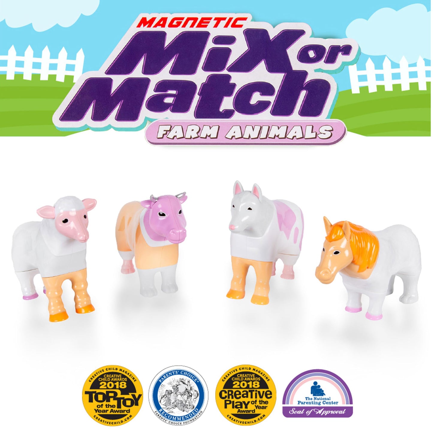 POPULAR PLAYTHINGS Magnetic Animals for Toddlers 1-3 — Pastel Farm Animals, Mix & Match Set of 4
