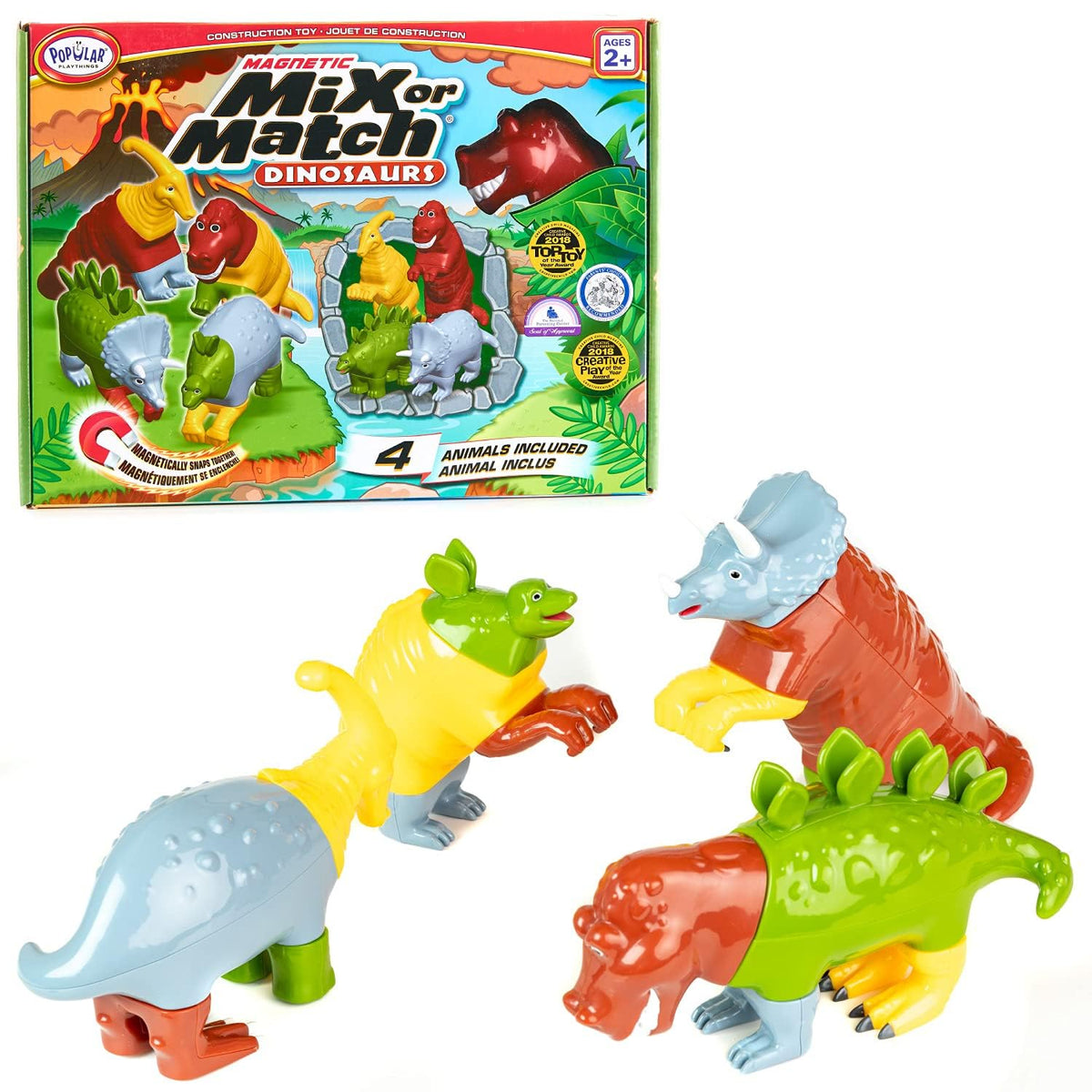 Popular Playthings Magnetic Dinosaurs for Toddlers 1-3 – Mix & Match Dino Toys (Set of 4)