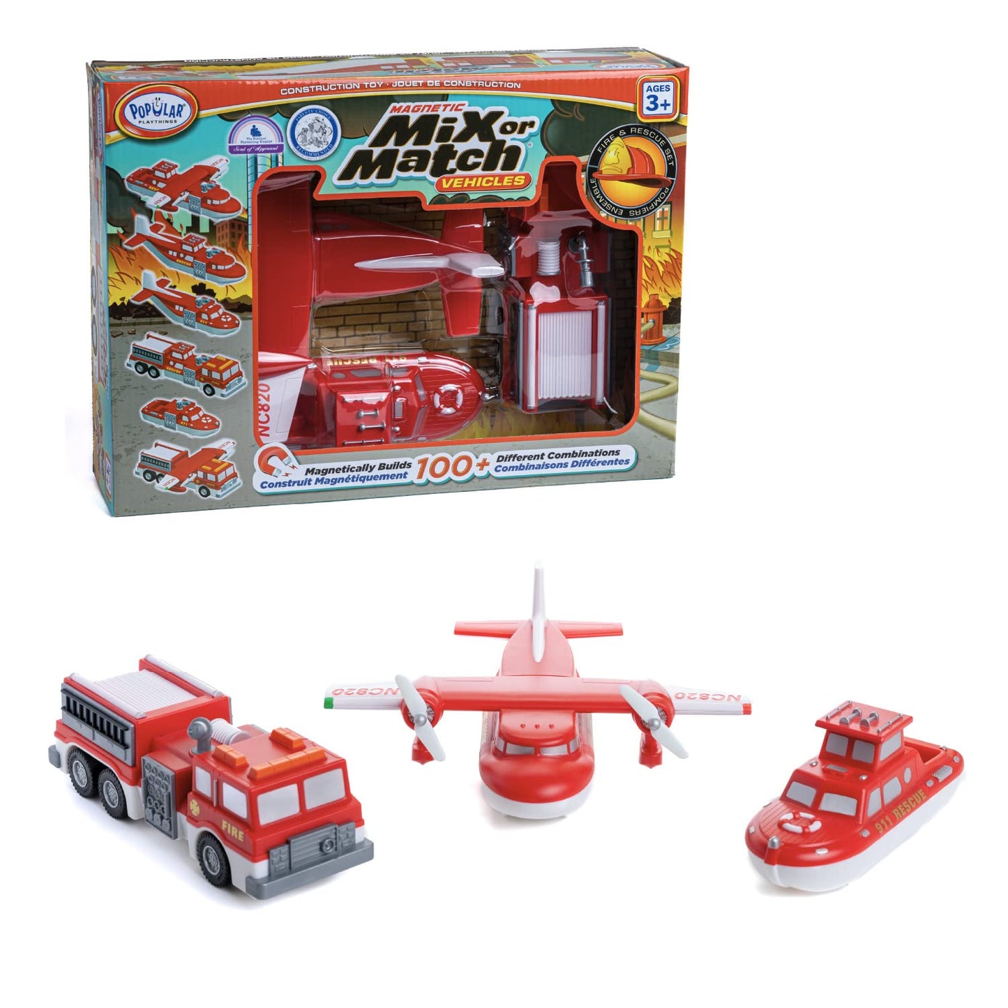 POPULAR PLAYTHINGS Magnetic Vehicles for Toddlers 1-3 | Mix & Match Police Car, Armored Car & Helicopter – Set of 3