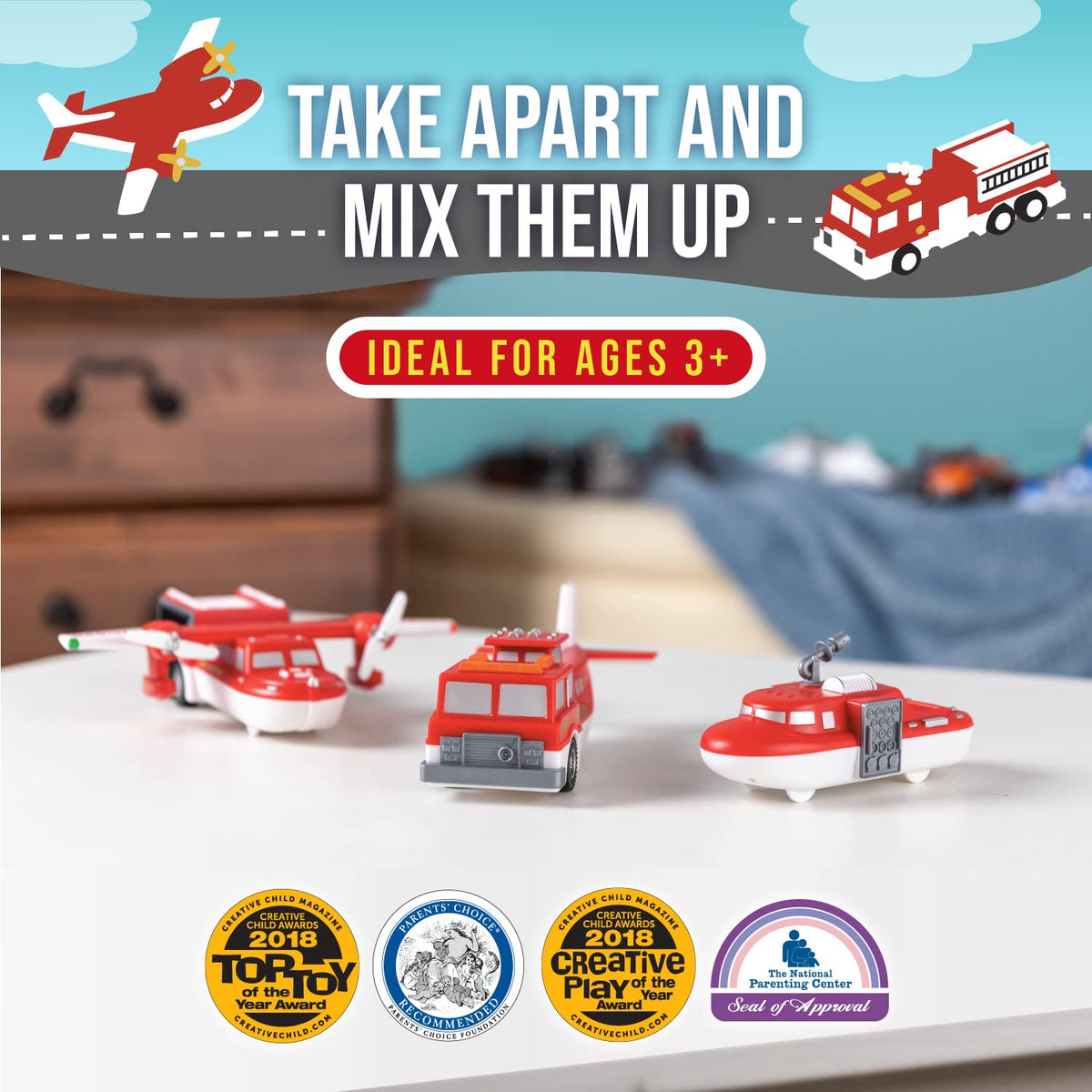 POPULAR PLAYTHINGS Magnetic Vehicles for Toddlers 1-3 | Mix & Match Police Car, Armored Car & Helicopter – Set of 3