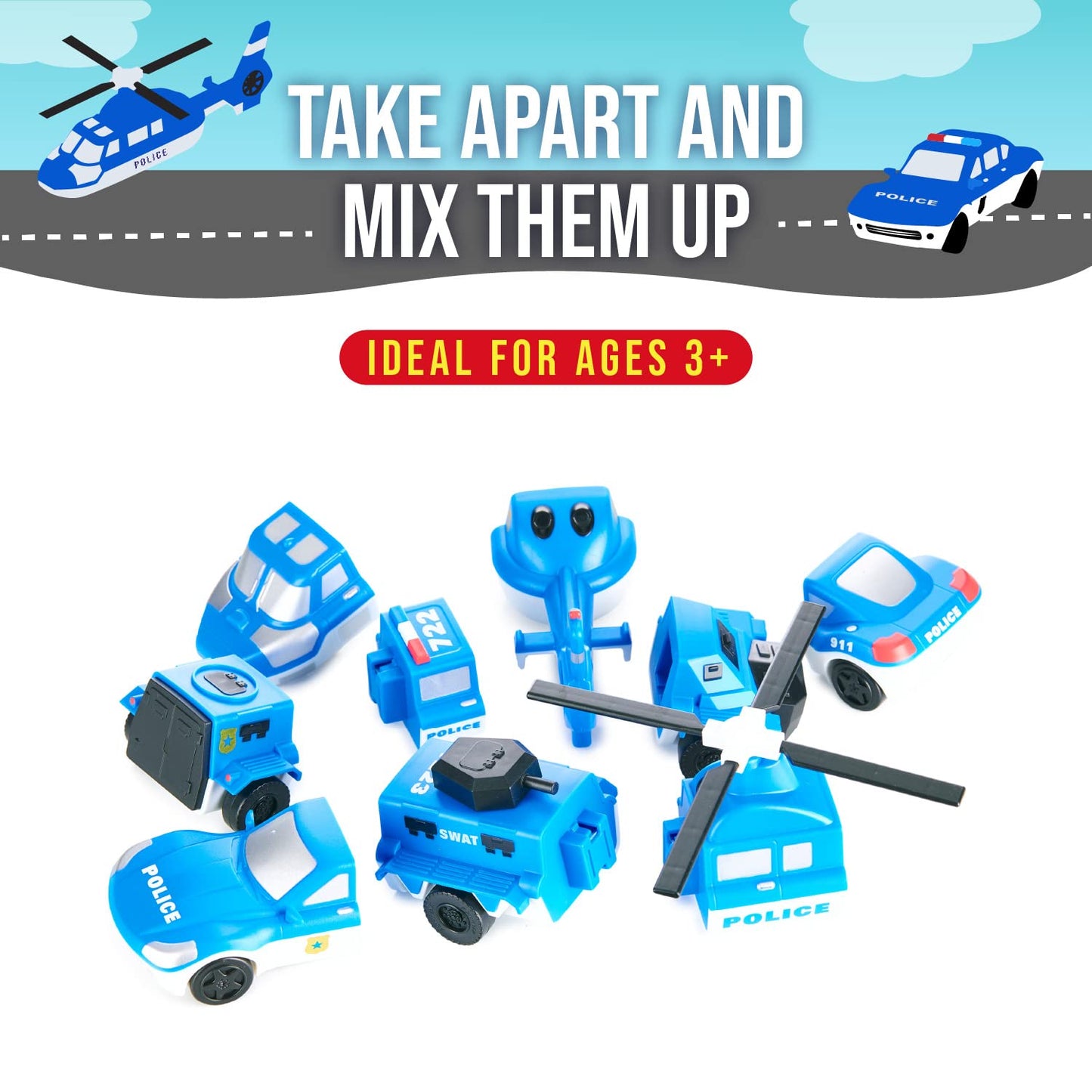 Popular Playthings Magnetic Vehicles for Toddlers 1-3 – Police Mix & Match Kit (Set of 3)