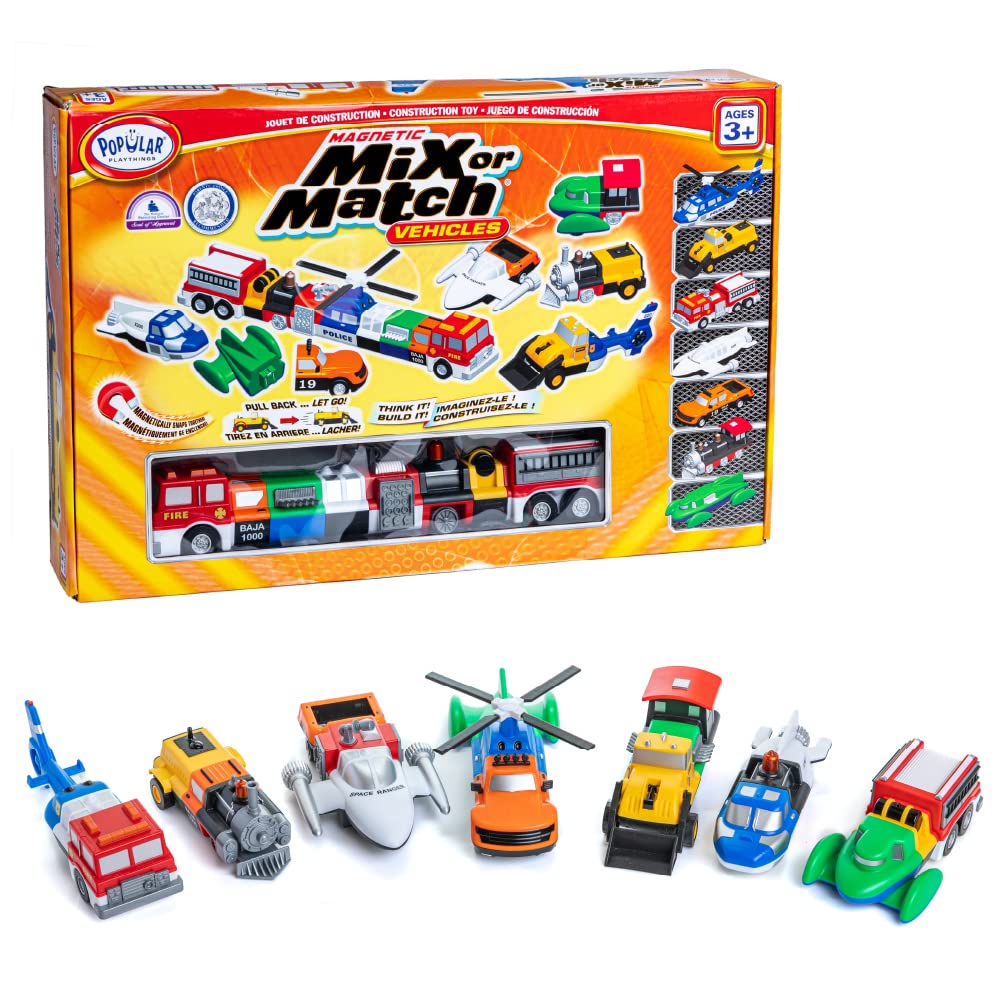 POPULAR PLAYTHINGS Magnetic Vehicles for Toddlers 1-3 – Mix & Match Car Toys, 21-Piece Gift (Orange)