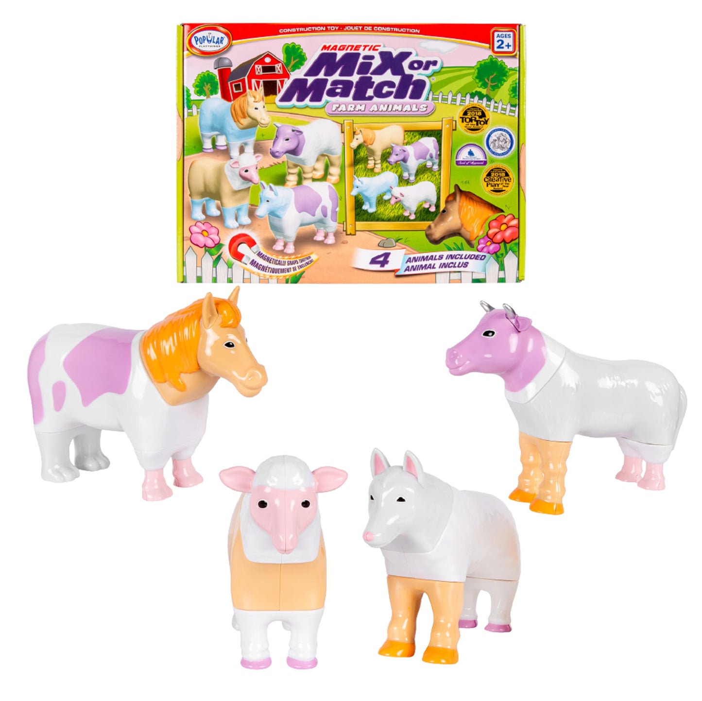 POPULAR PLAYTHINGS Magnetic Animals for Toddlers 1-3 — Pastel Farm Animals, Mix & Match Set of 4