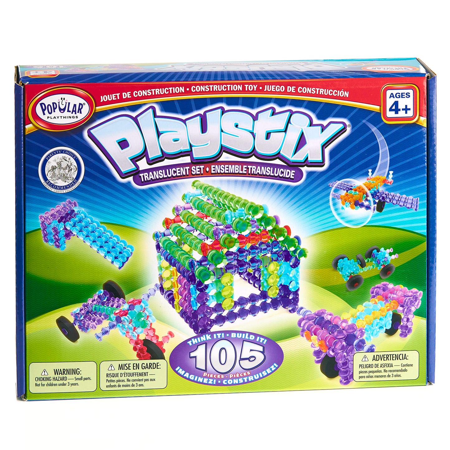POPULAR PLAYTHINGS Playstix: 105-Piece Translucent Building Sticks Kit for Kids | STEM Construction Toy Gift