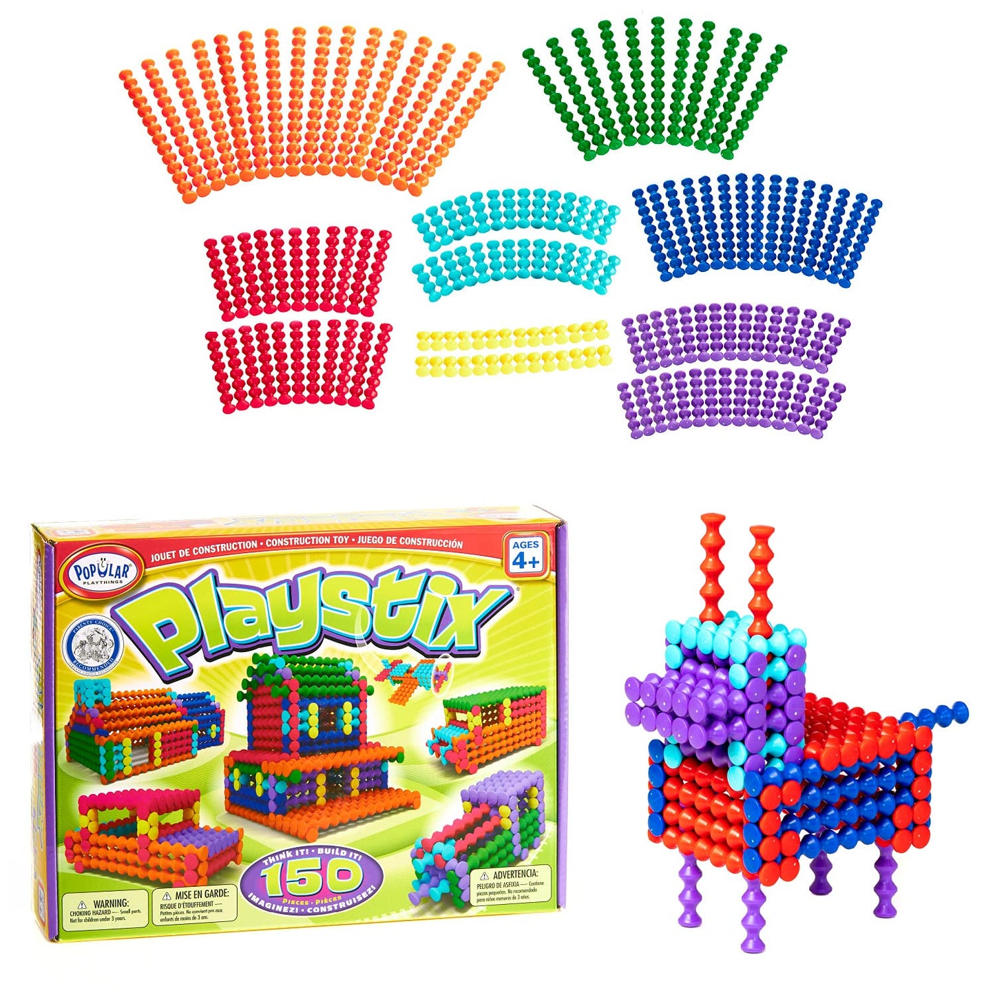 POPULAR PLAYTHINGS Playstix Construction Toy Set – 150 Piece STEM Building Kit for Kids 4+