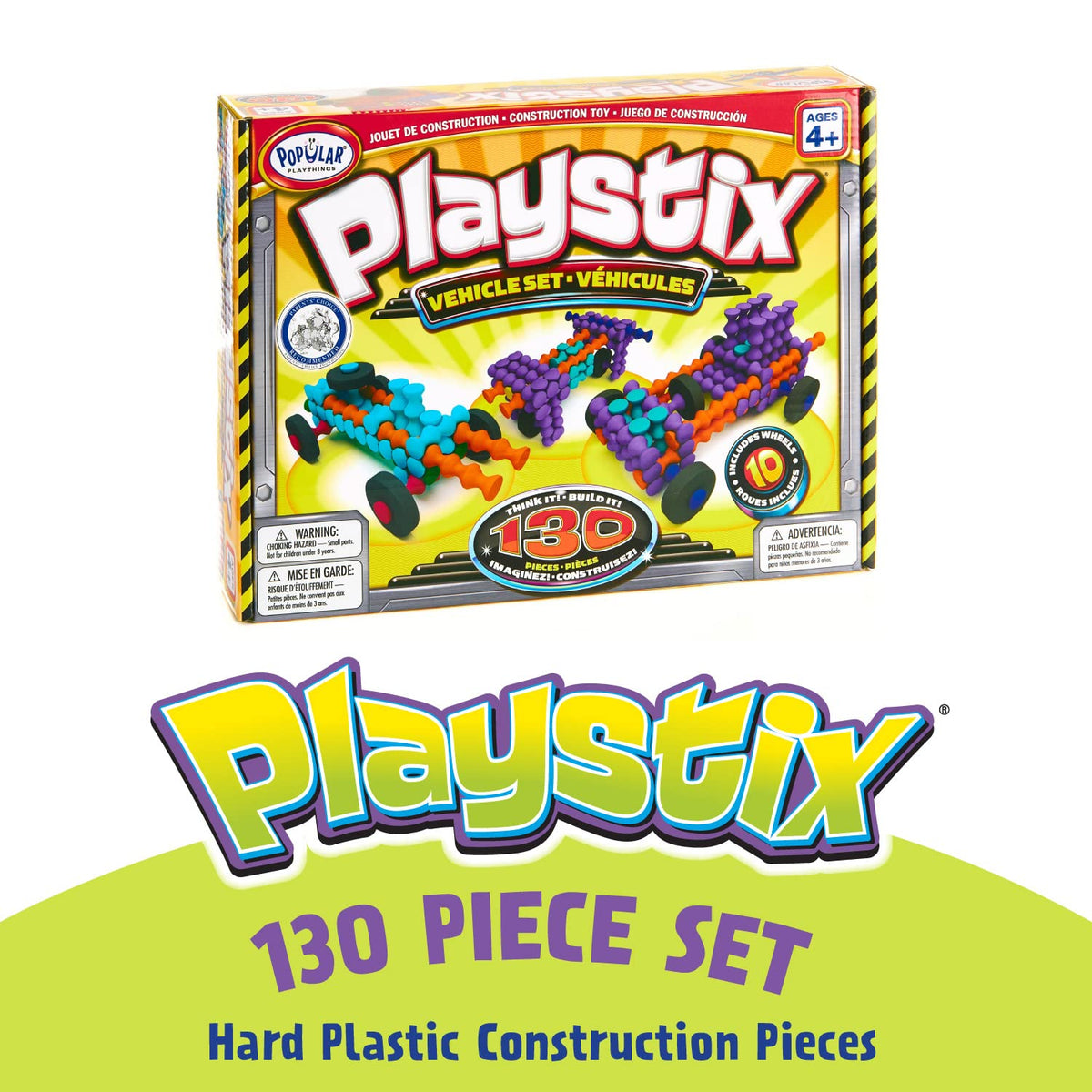 POPULAR PLAYTHINGS Playstix 130-Piece Building Sticks Kit for Kids – Colorful STEM Construction Toy