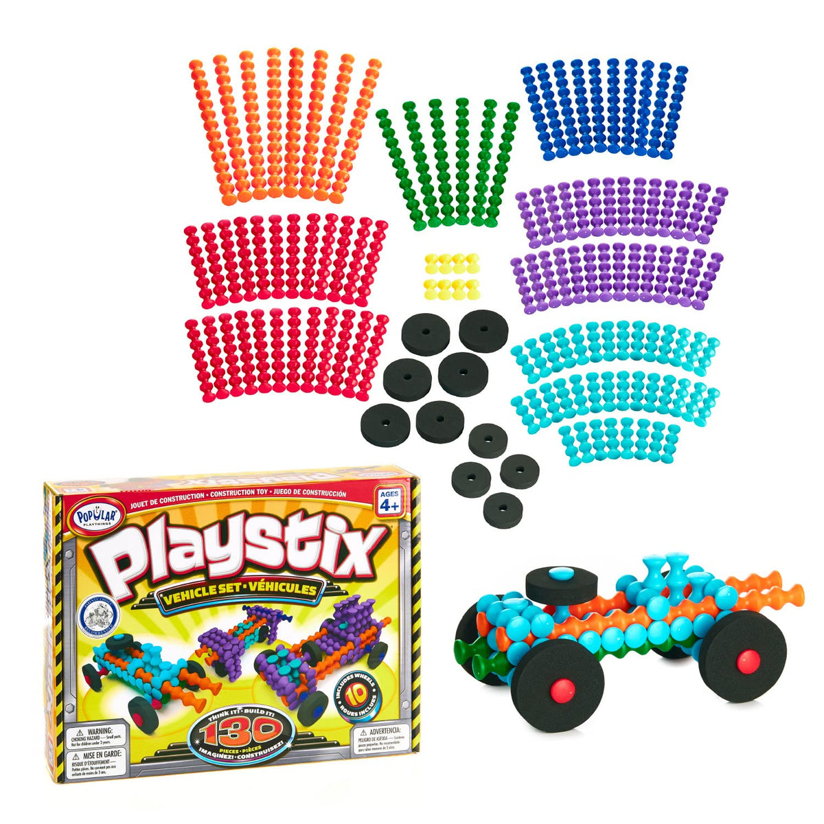 POPULAR PLAYTHINGS Playstix 130-Piece Building Sticks Kit for Kids – Colorful STEM Construction Toy