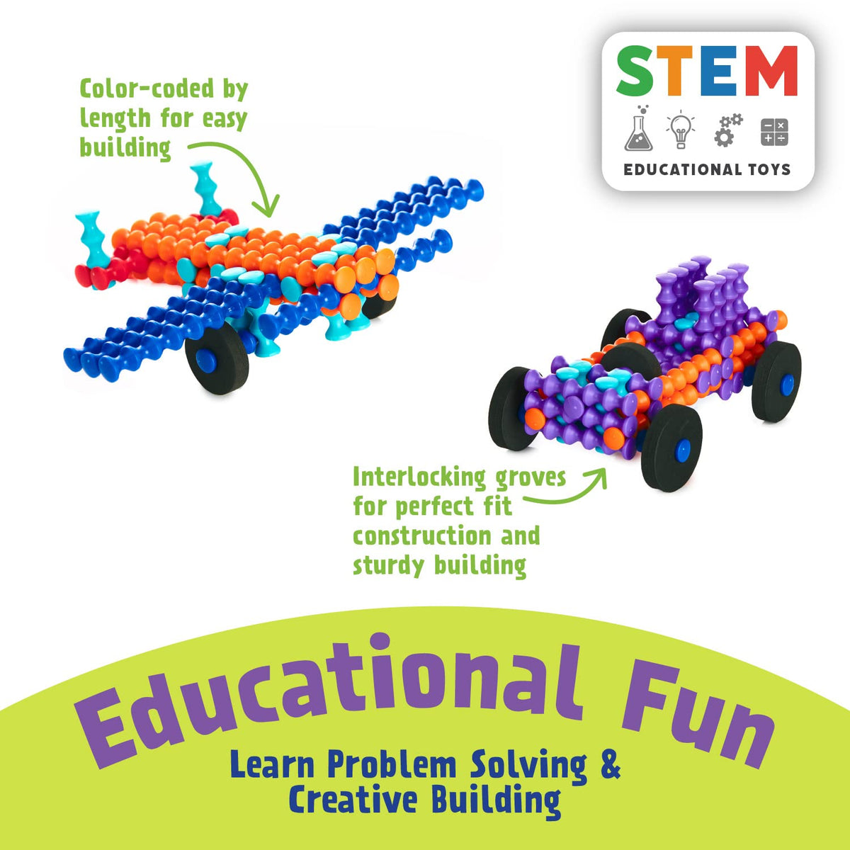 POPULAR PLAYTHINGS Playstix 130-Piece Building Sticks Kit for Kids – Colorful STEM Construction Toy