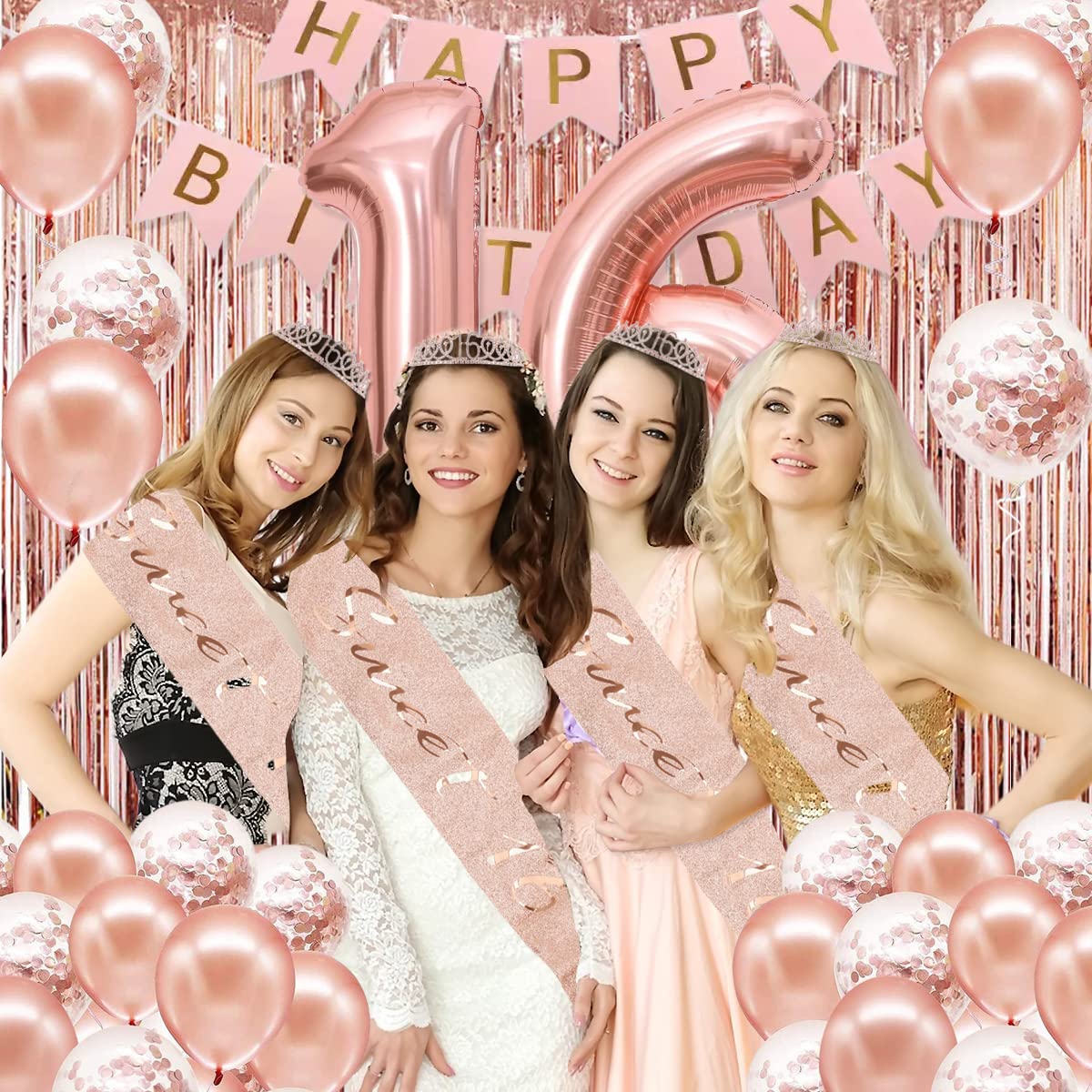 PopularLdo Sweet 16 Party Decorations — Rose Gold Banner, Sash, Crown & Balloons