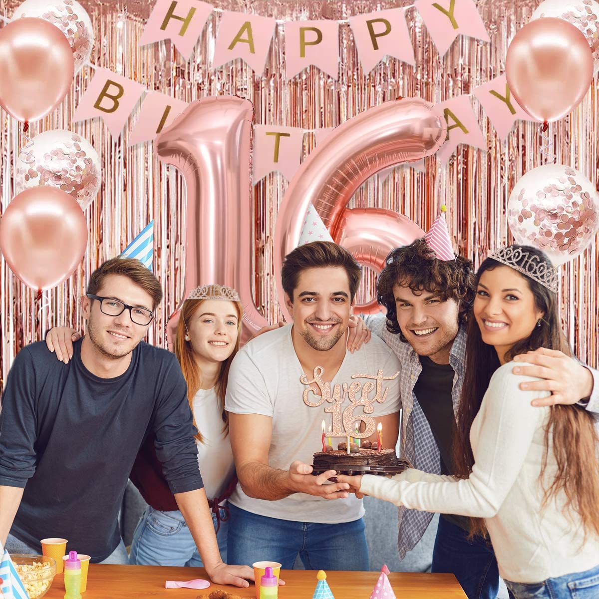 PopularLdo Sweet 16 Party Decorations — Rose Gold Banner, Sash, Crown & Balloons