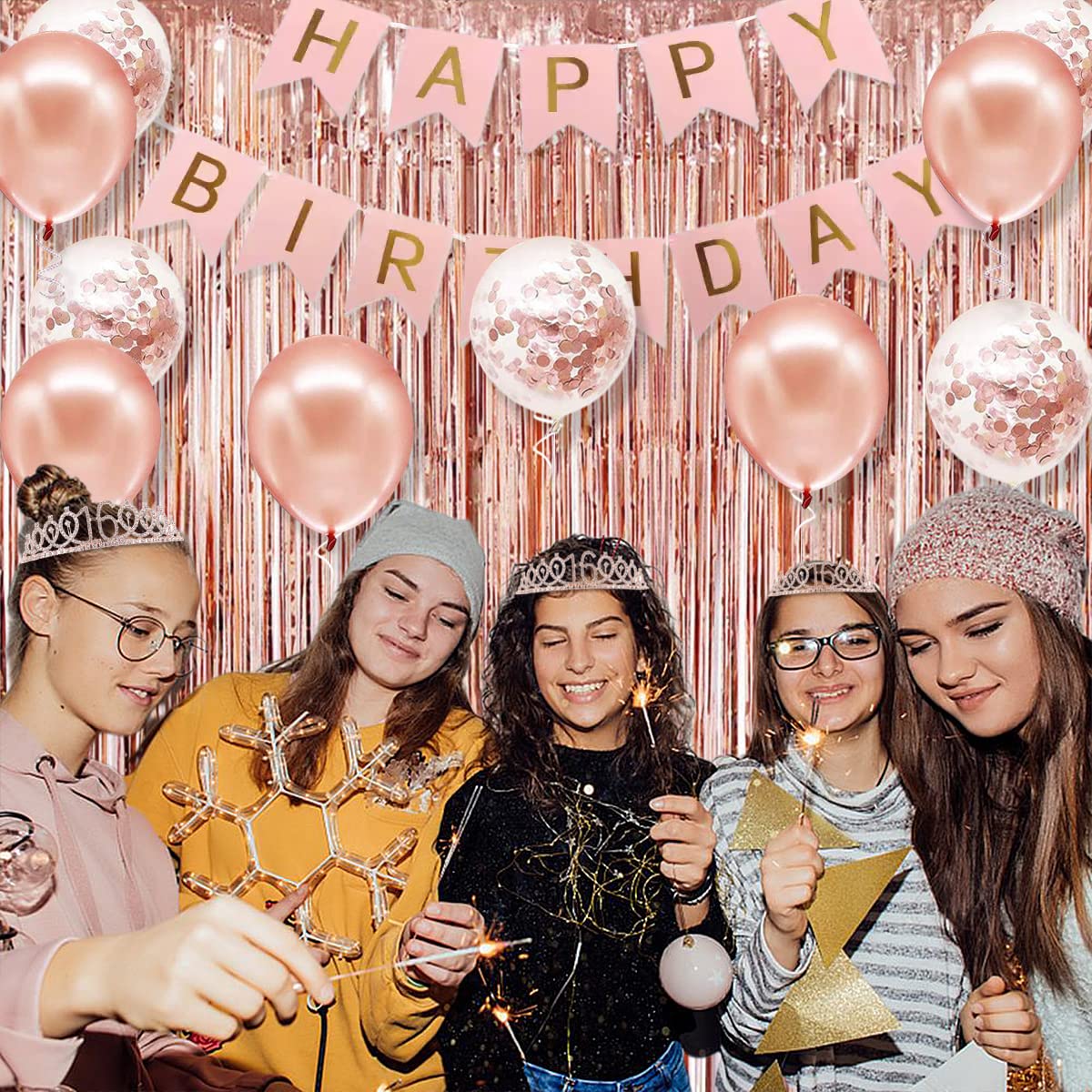 PopularLdo Sweet 16 Party Decorations — Rose Gold Banner, Sash, Crown & Balloons