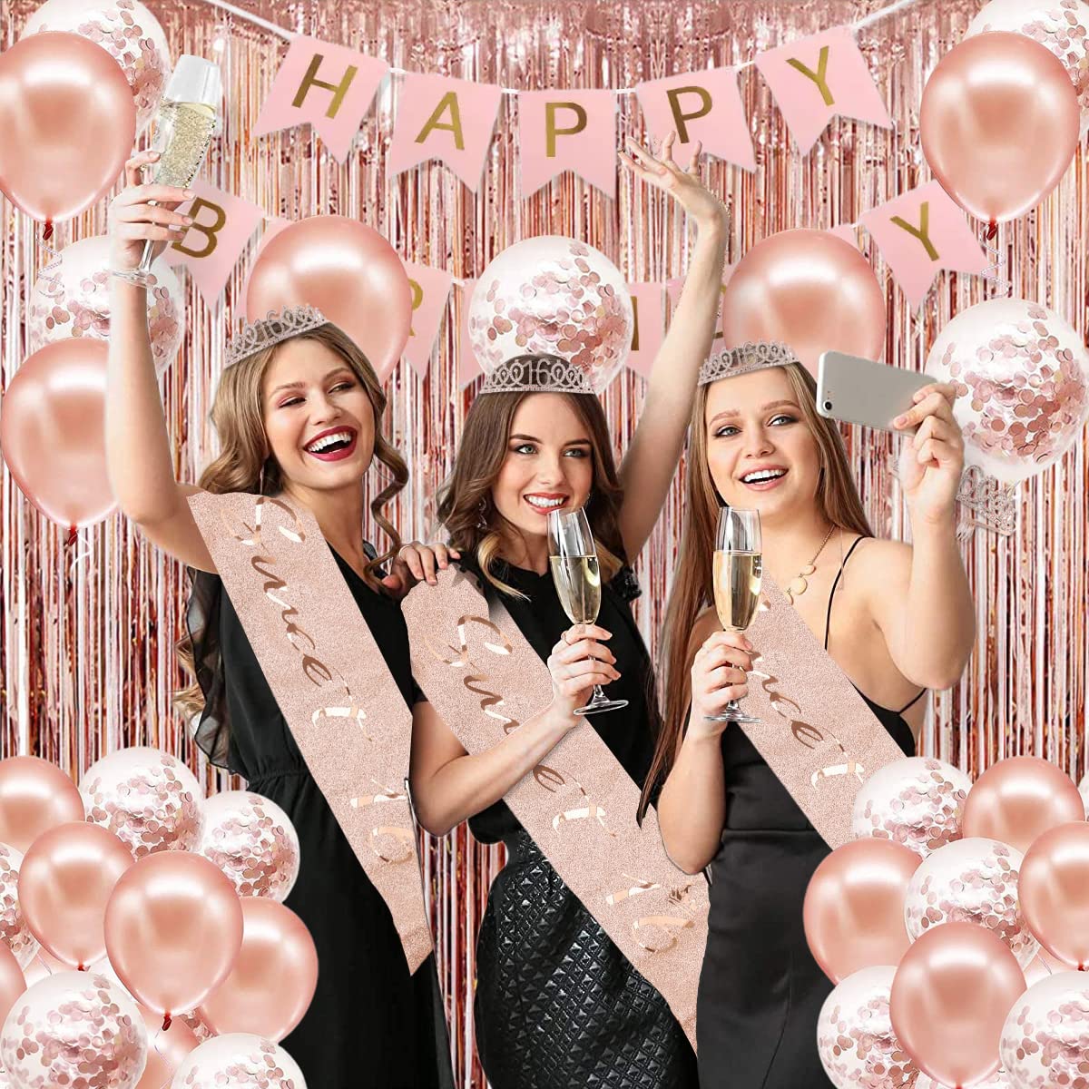 PopularLdo Sweet 16 Party Decorations — Rose Gold Banner, Sash, Crown & Balloons