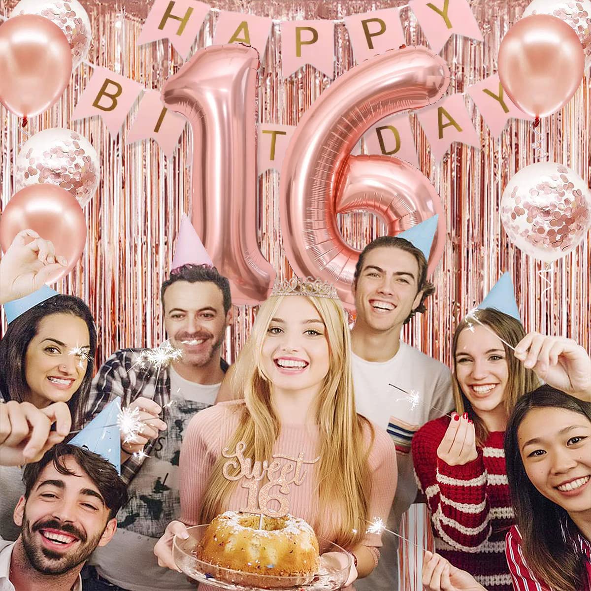 PopularLdo Sweet 16 Party Decorations — Rose Gold Banner, Sash, Crown & Balloons