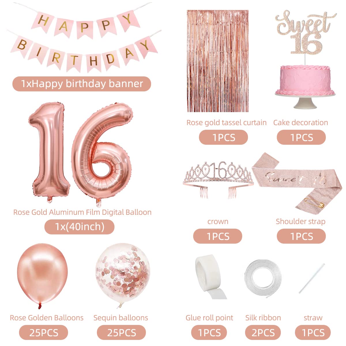 PopularLdo Sweet 16 Party Decorations — Rose Gold Banner, Sash, Crown & Balloons