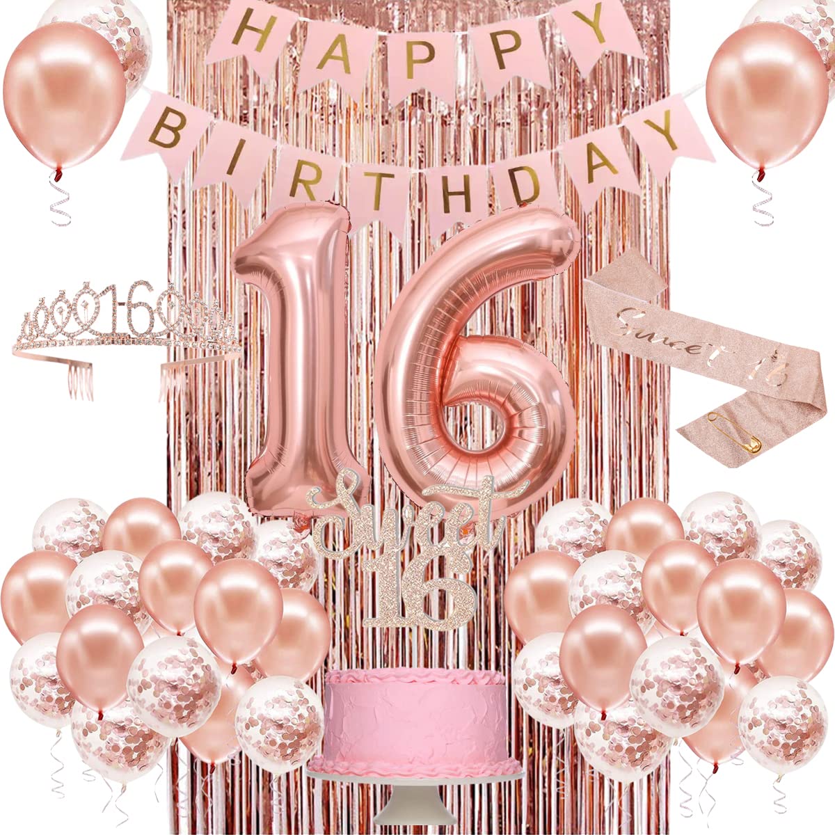 PopularLdo Sweet 16 Party Decorations — Rose Gold Banner, Sash, Crown & Balloons
