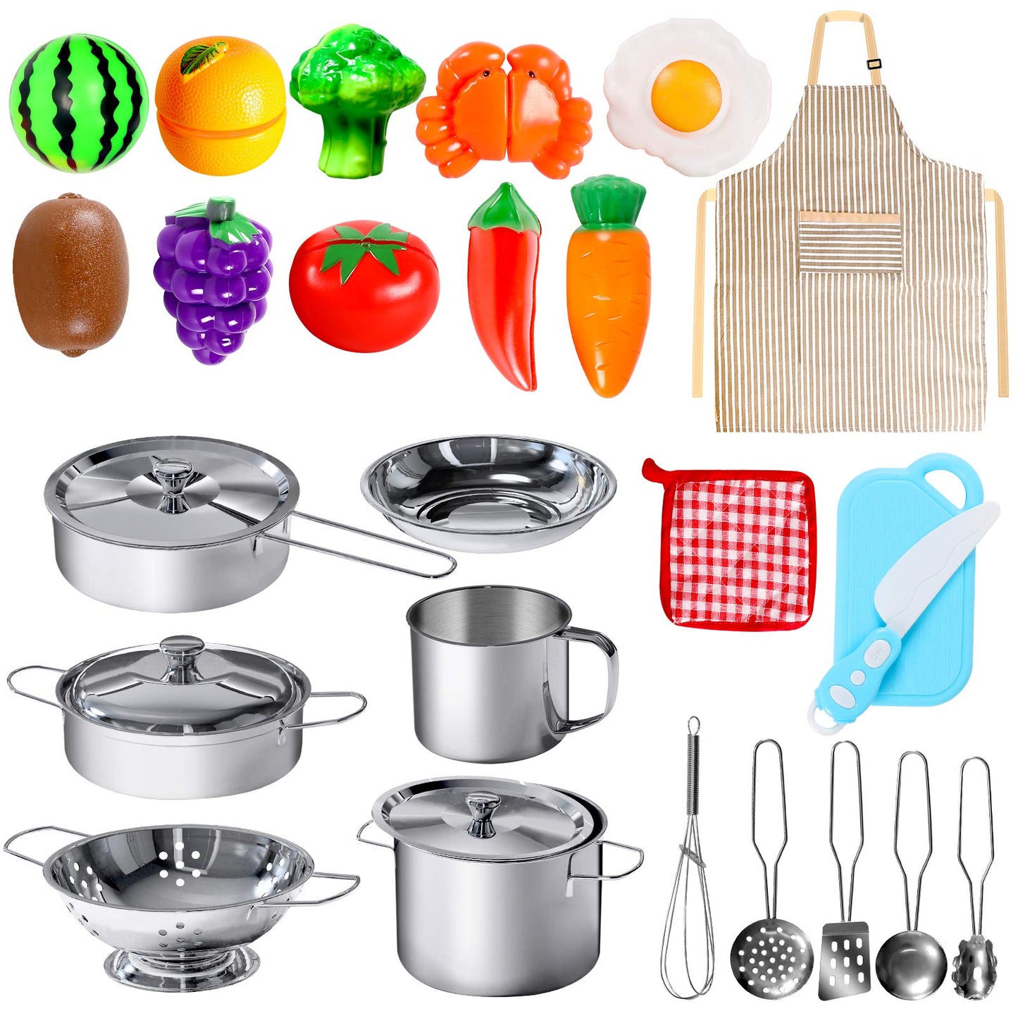 POPUTOY 28Pcs Pretend Play Kitchen Set - Stainless Steel Cookware & Accessories for Kids