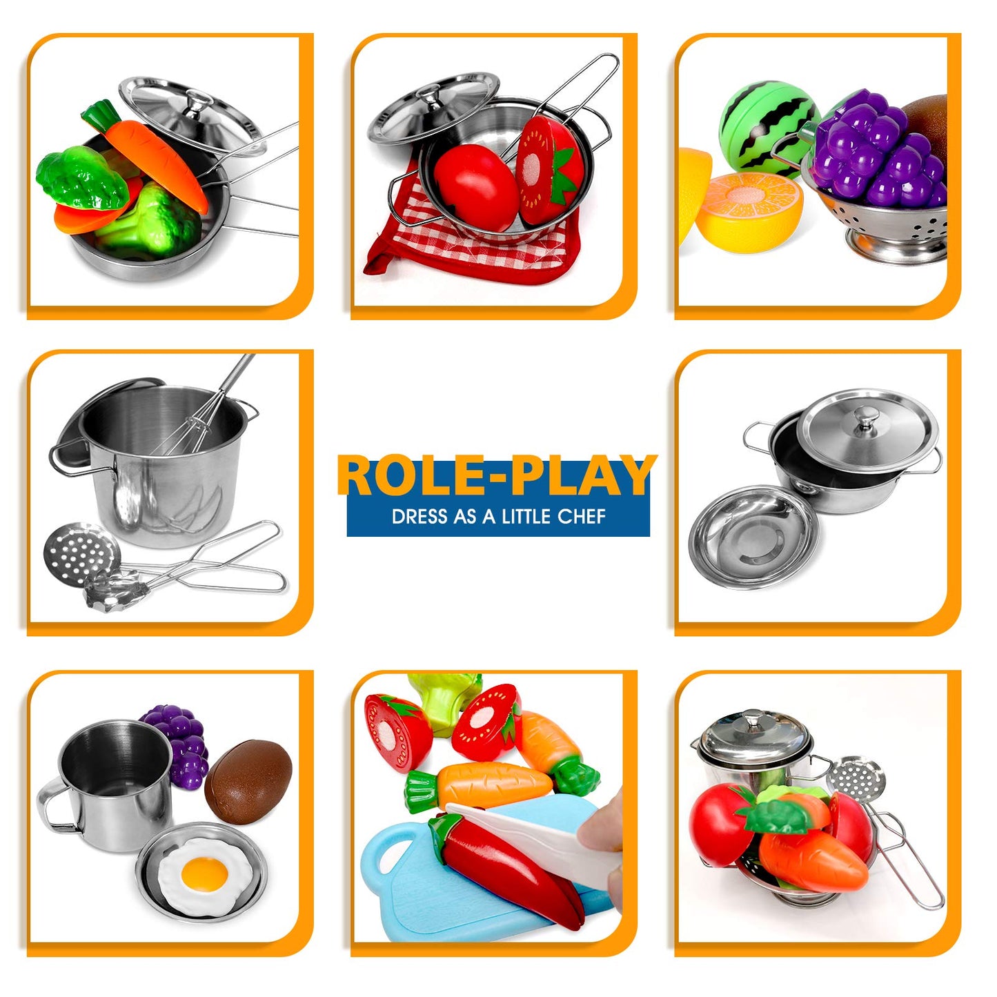 POPUTOY 28Pcs Pretend Play Kitchen Set - Stainless Steel Cookware & Accessories for Kids