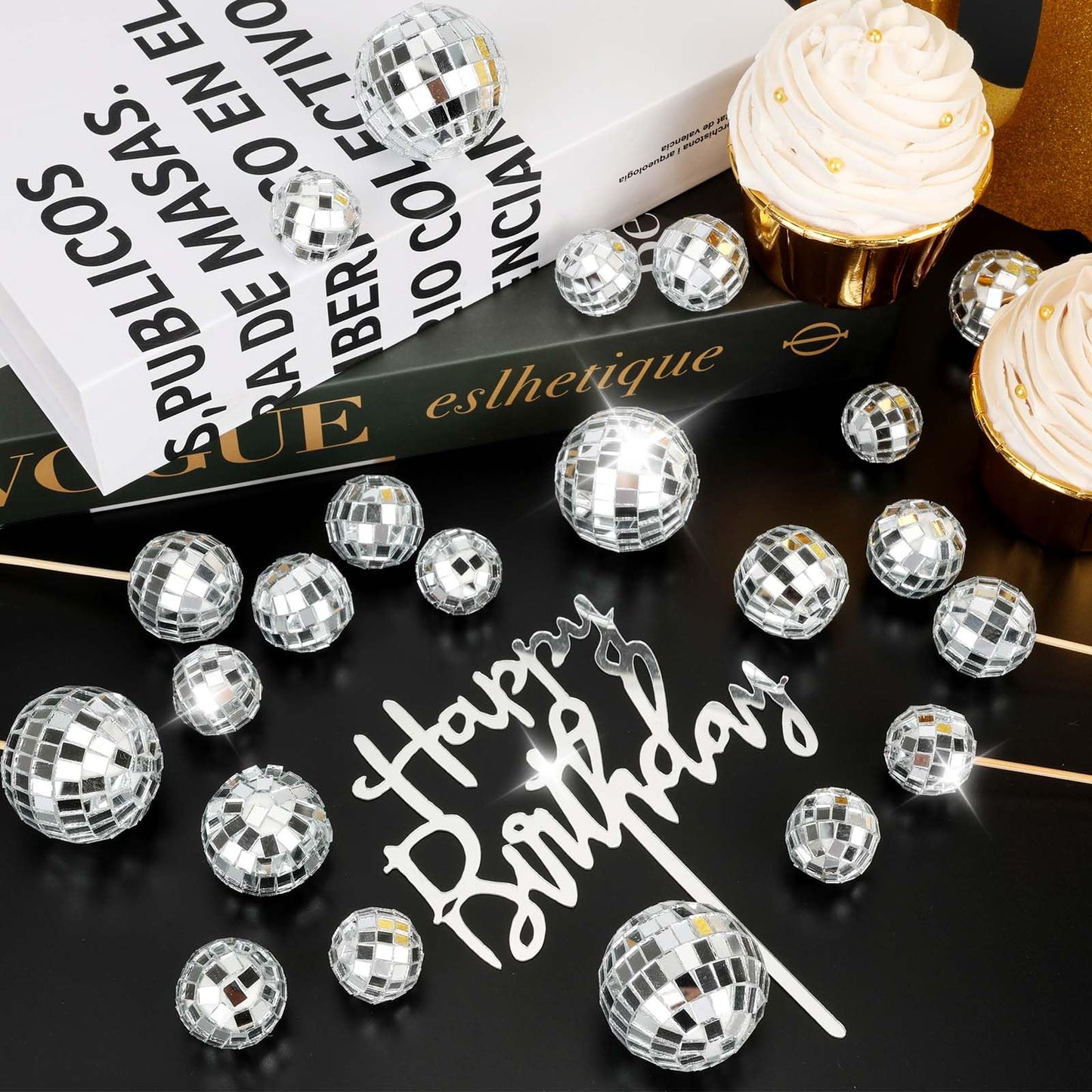 PORANDIA 23-Piece Disco Ball Cupcake Toppers – Happy Birthday Topper Set for Retro 70s Party Decor