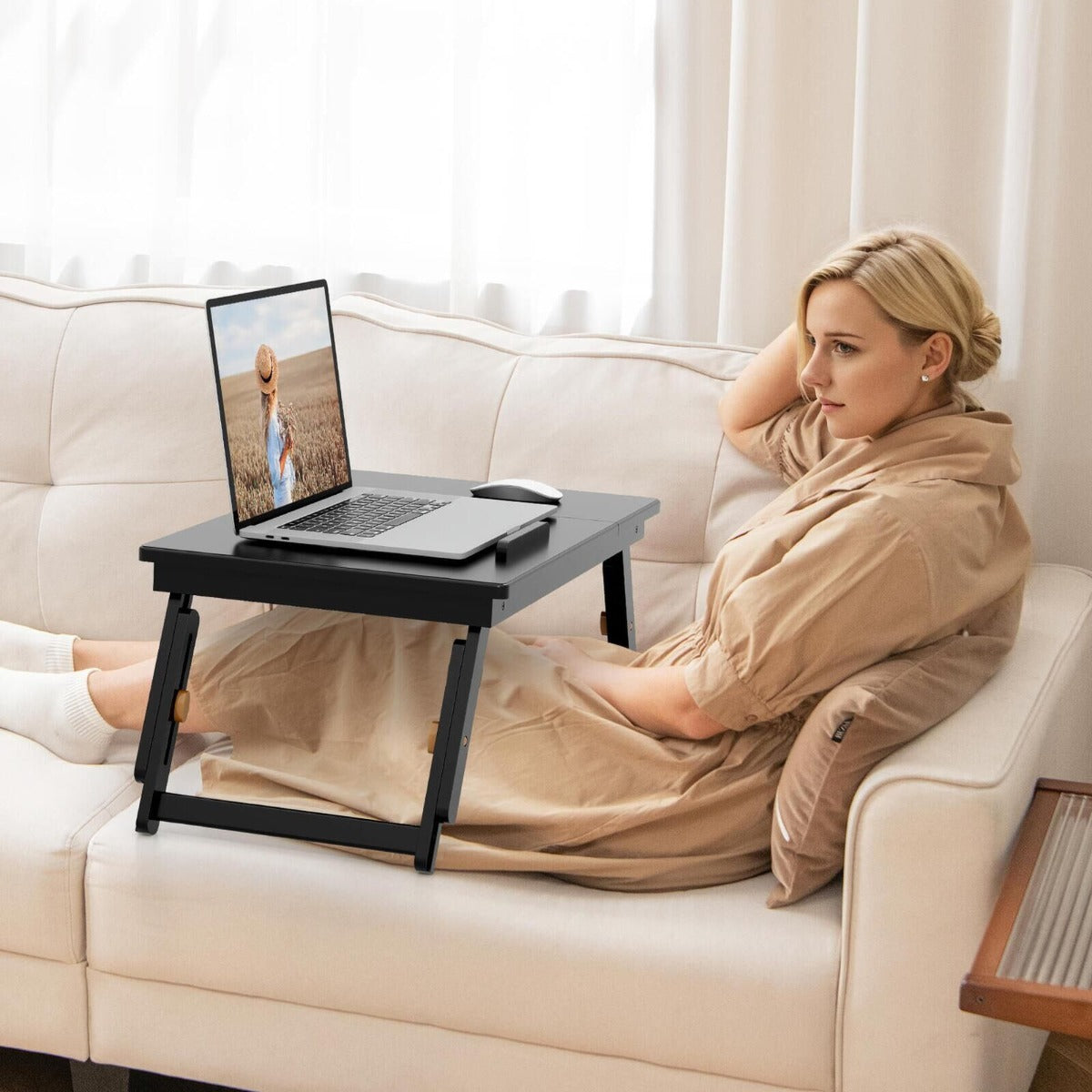 Portable Bamboo Laptop Lap Tray with Adjustable Legs and Tilting Top-Brown