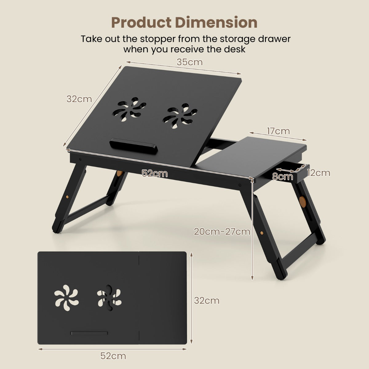 Portable Bamboo Laptop Lap Tray with Adjustable Legs and Tilting Top-Brown