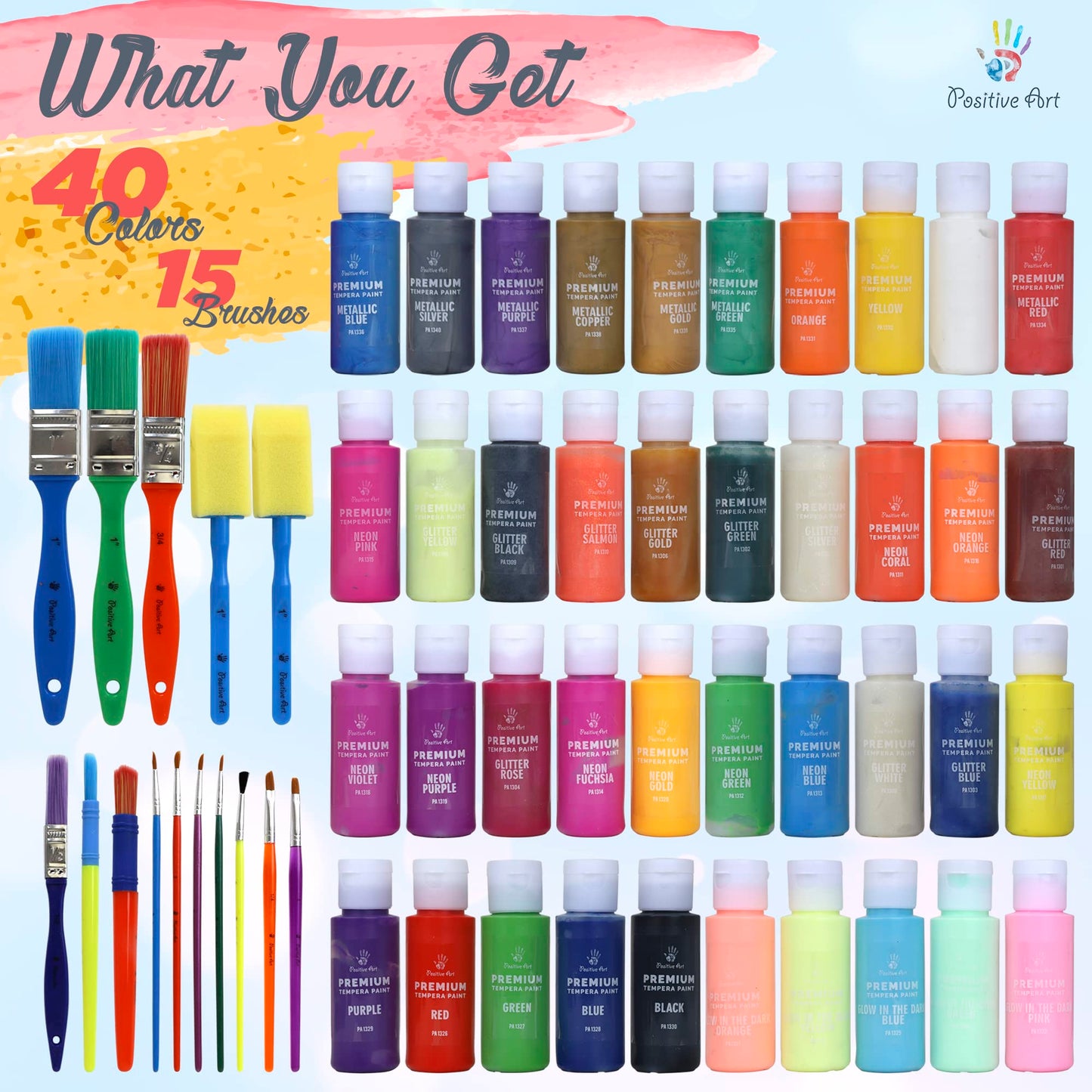 Positive Art Kids Tempera Paint Set – 40 Colors, 15 Brushes, Washable & Non-Toxic