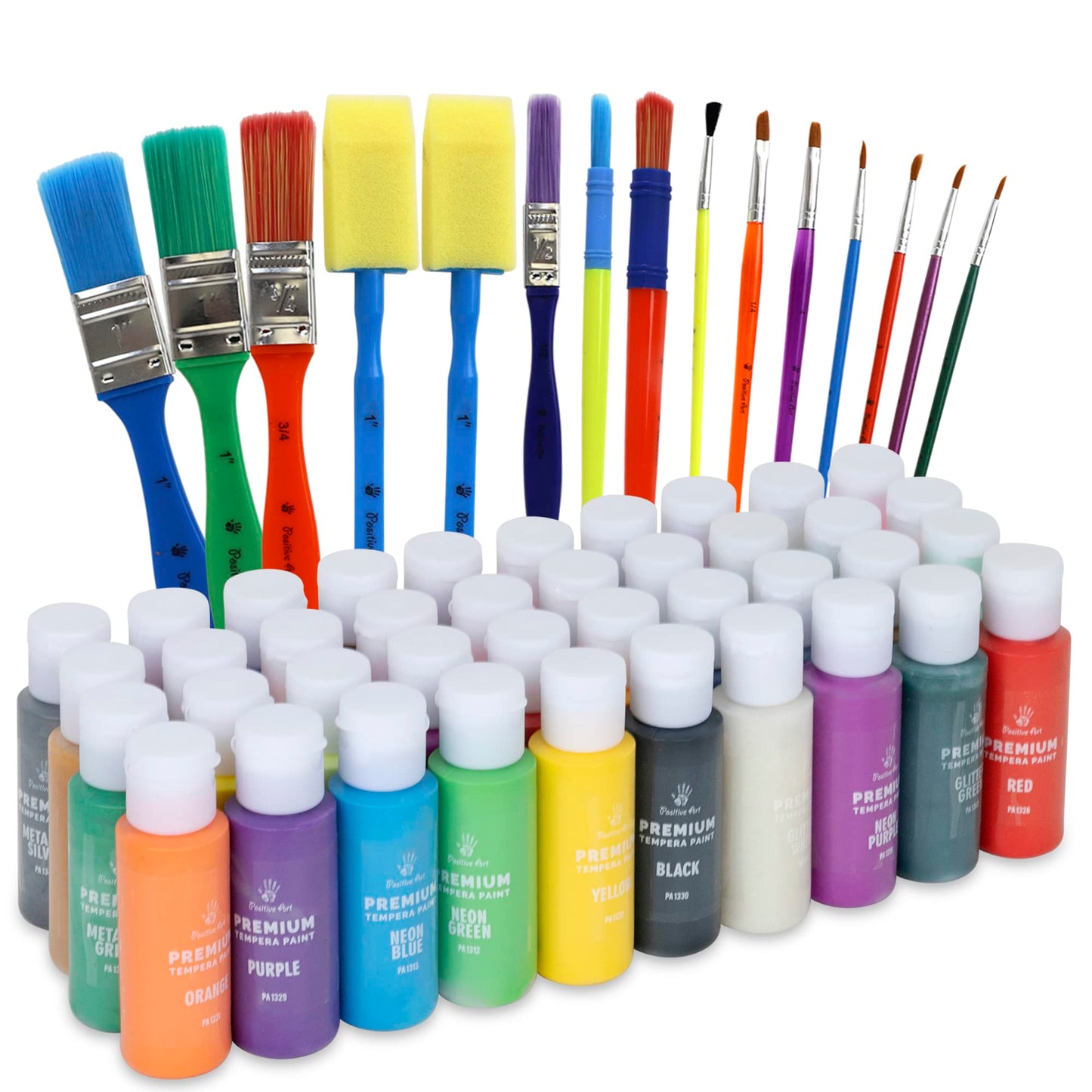Positive Art Kids Tempera Paint Set – 40 Colors, 15 Brushes, Washable & Non-Toxic