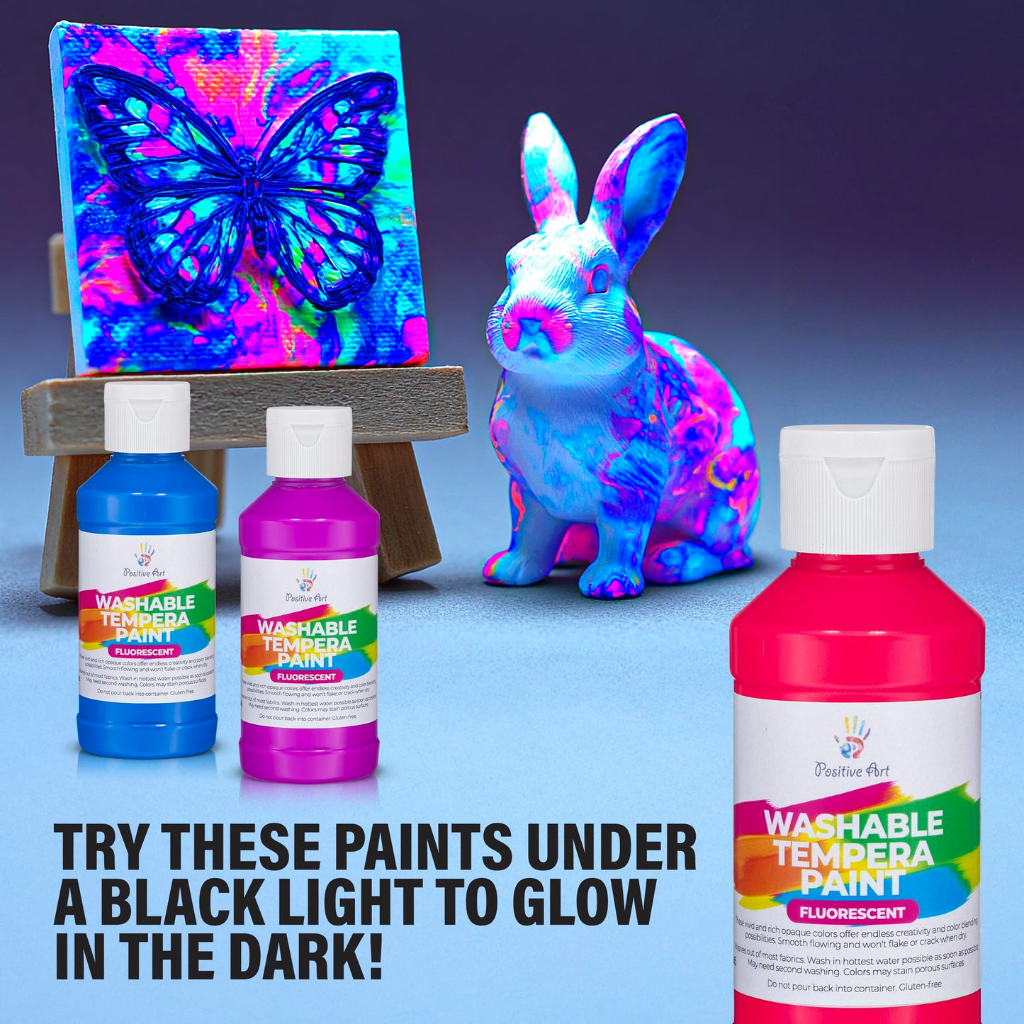 Positive Art Neon Fluorescent Washable Tempera Paint – UV-Reactive Under Blacklight, 6 Bright Colors, 4 oz Bottles, Non-Toxic, Made in USA