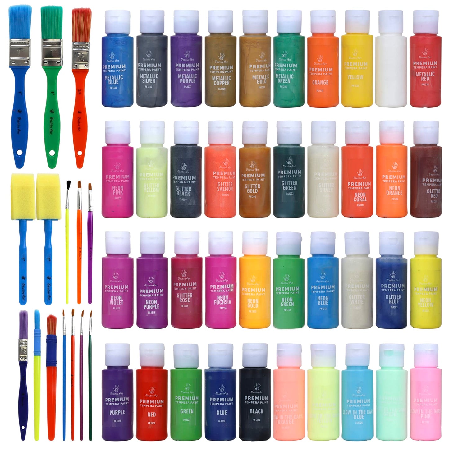 Positive Art Kids Tempera Paint Set – 40 Colors, 15 Brushes, Washable & Non-Toxic