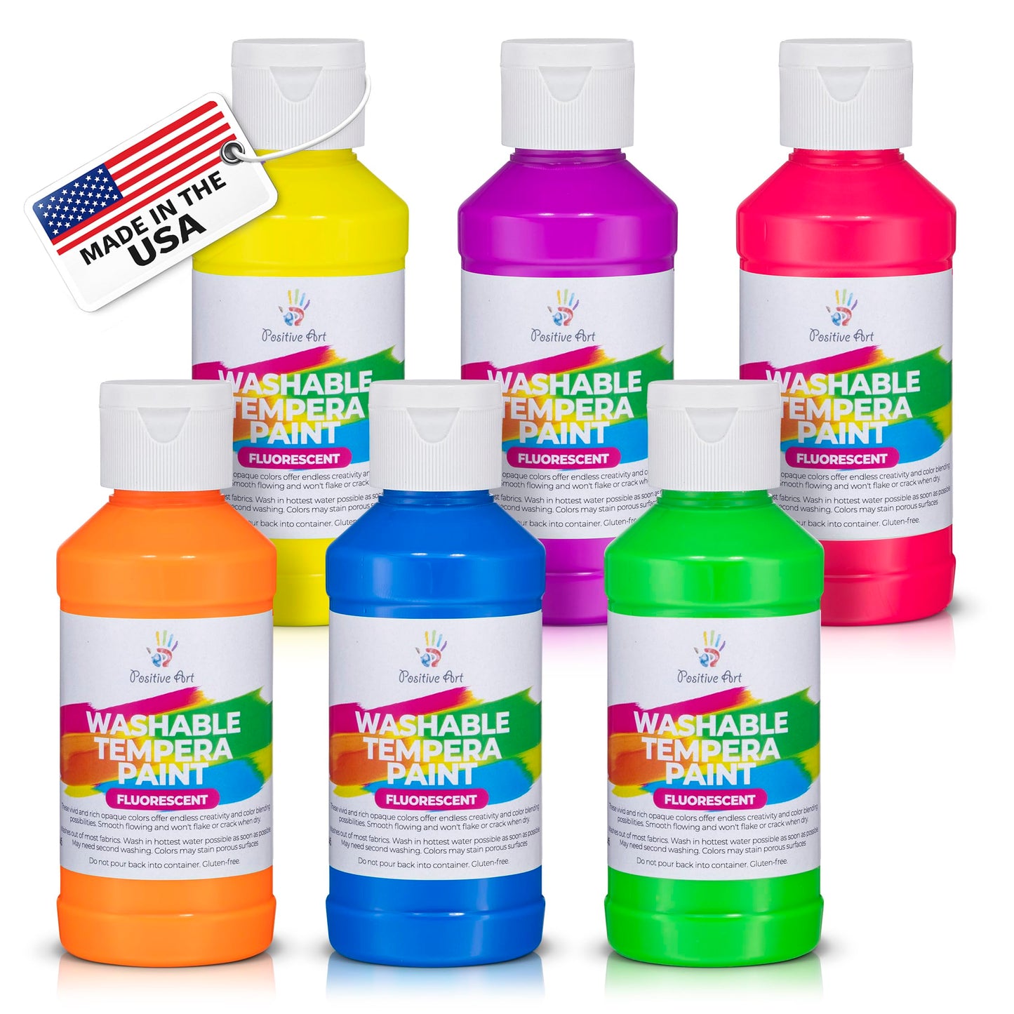 Positive Art Neon Fluorescent Washable Tempera Paint – UV-Reactive Under Blacklight, 6 Bright Colors, 4 oz Bottles, Non-Toxic, Made in USA