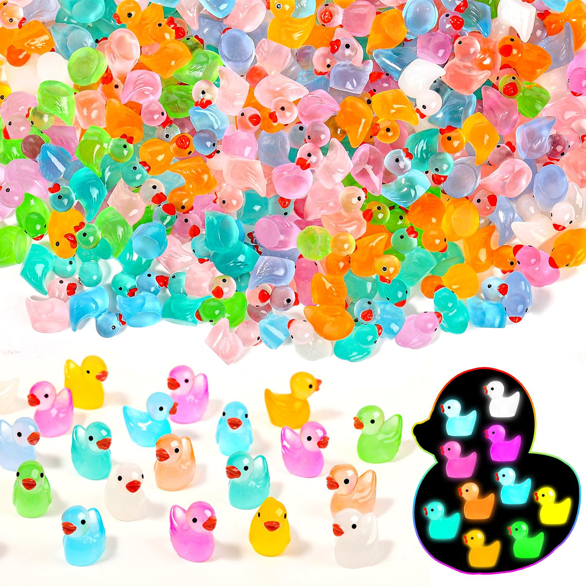POSOUL 200 Pcs Glow-in-the-Dark Mini Resin Ducks for DIY Decor & Fairy Gardens