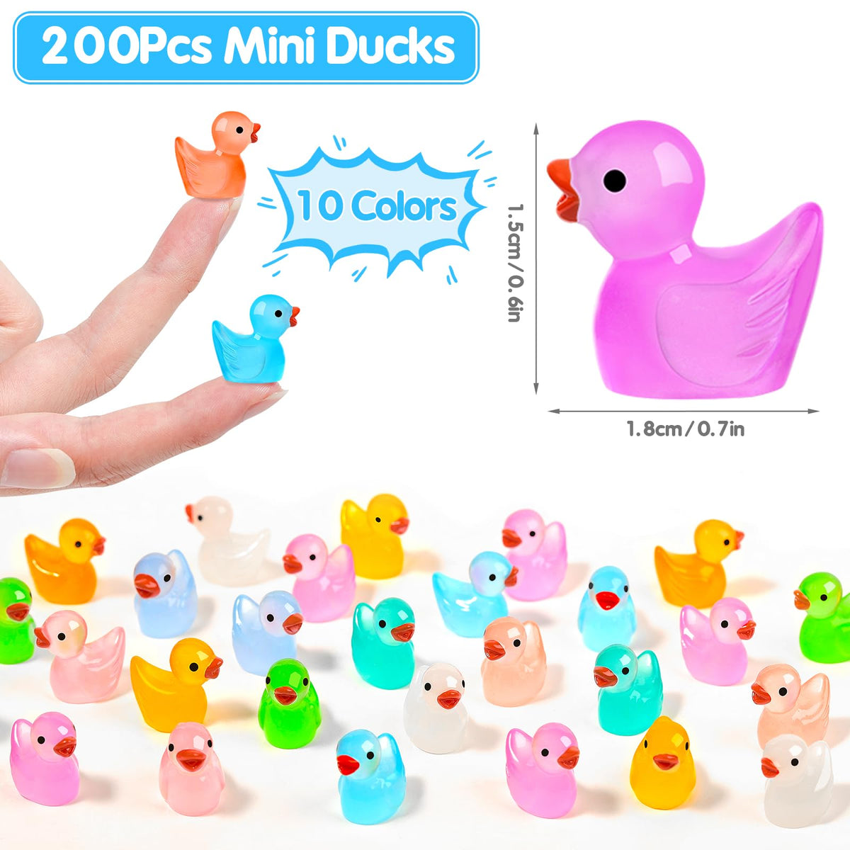POSOUL 200 Pcs Glow-in-the-Dark Mini Resin Ducks for DIY Decor & Fairy Gardens