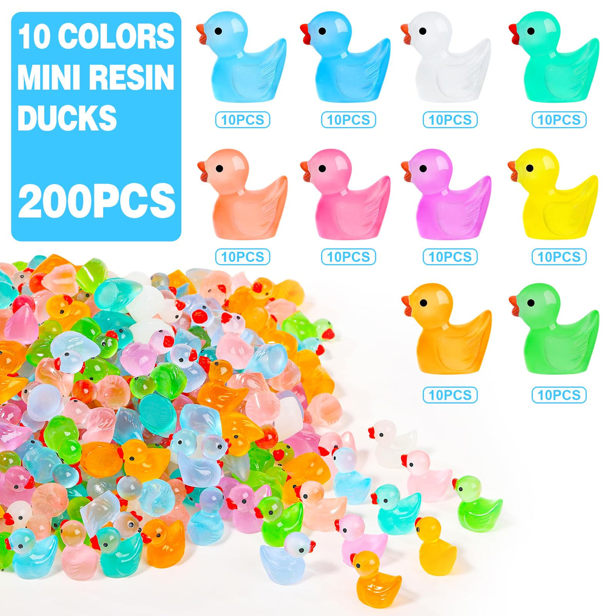 POSOUL 200 Pcs Glow-in-the-Dark Mini Resin Ducks for DIY Decor & Fairy Gardens