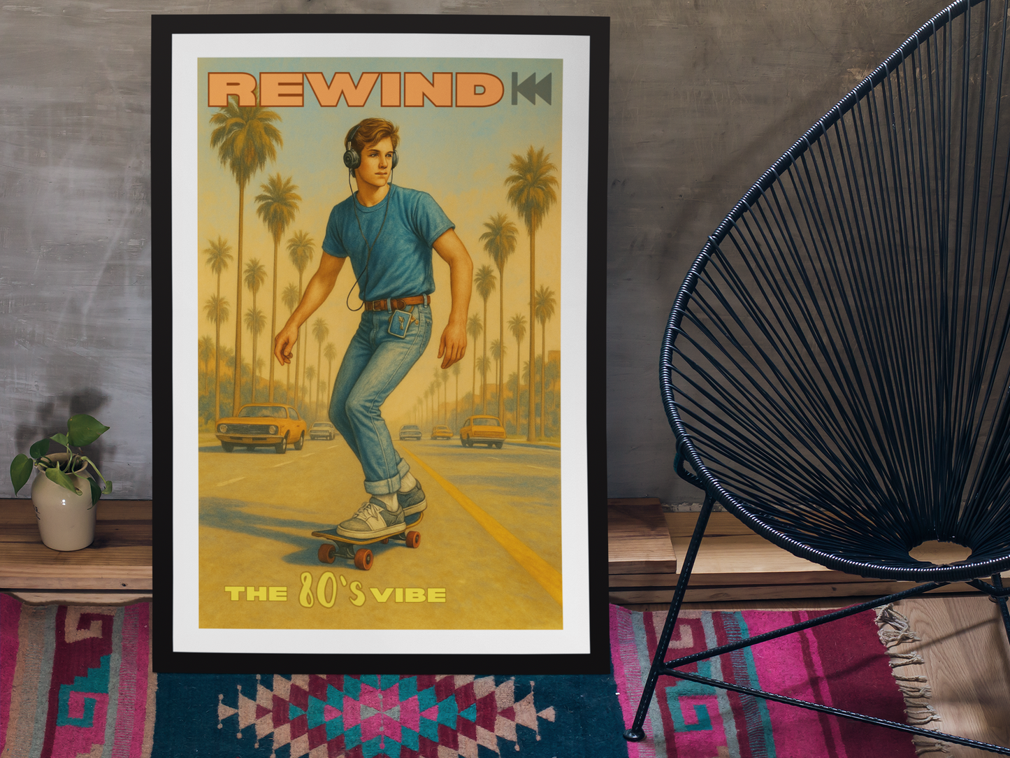 Retro 80's Vibe Poster – Skateboarder with Walkman | Vintage Wall Art