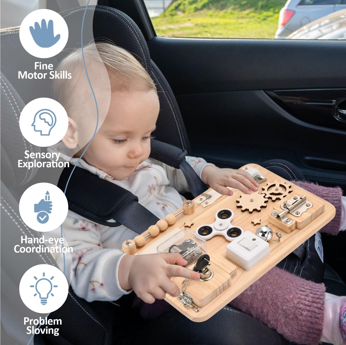 Potatomato Montessori Wooden Busy Board - 12-in-1 Sensory Toy for Toddlers